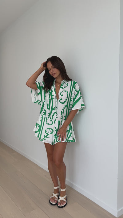 Load and play video in Gallery viewer, Aralyn Playsuit - White / Green Tribal
