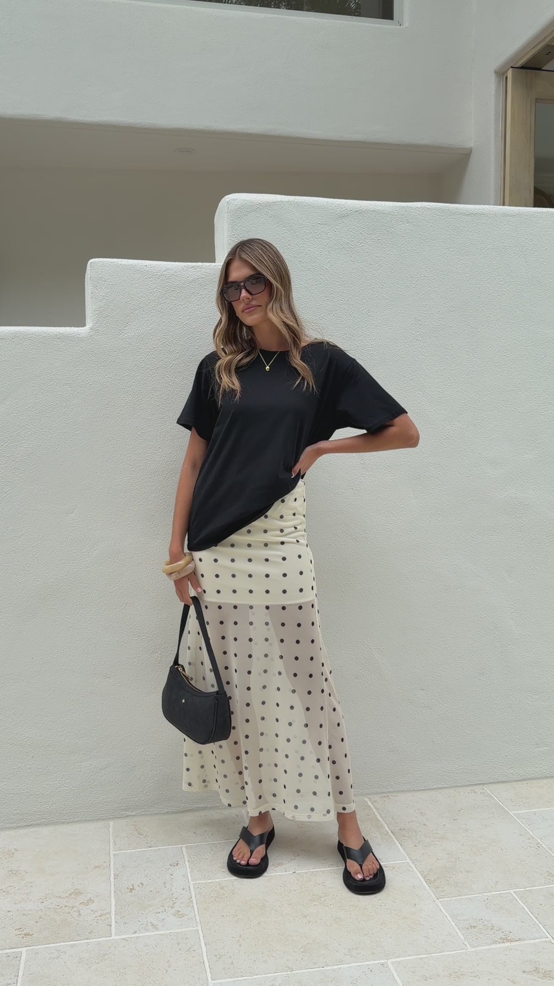 Load video: Onella Semi Sheer Maxi Skirt - Cream/Black Polka Dot - Billy J