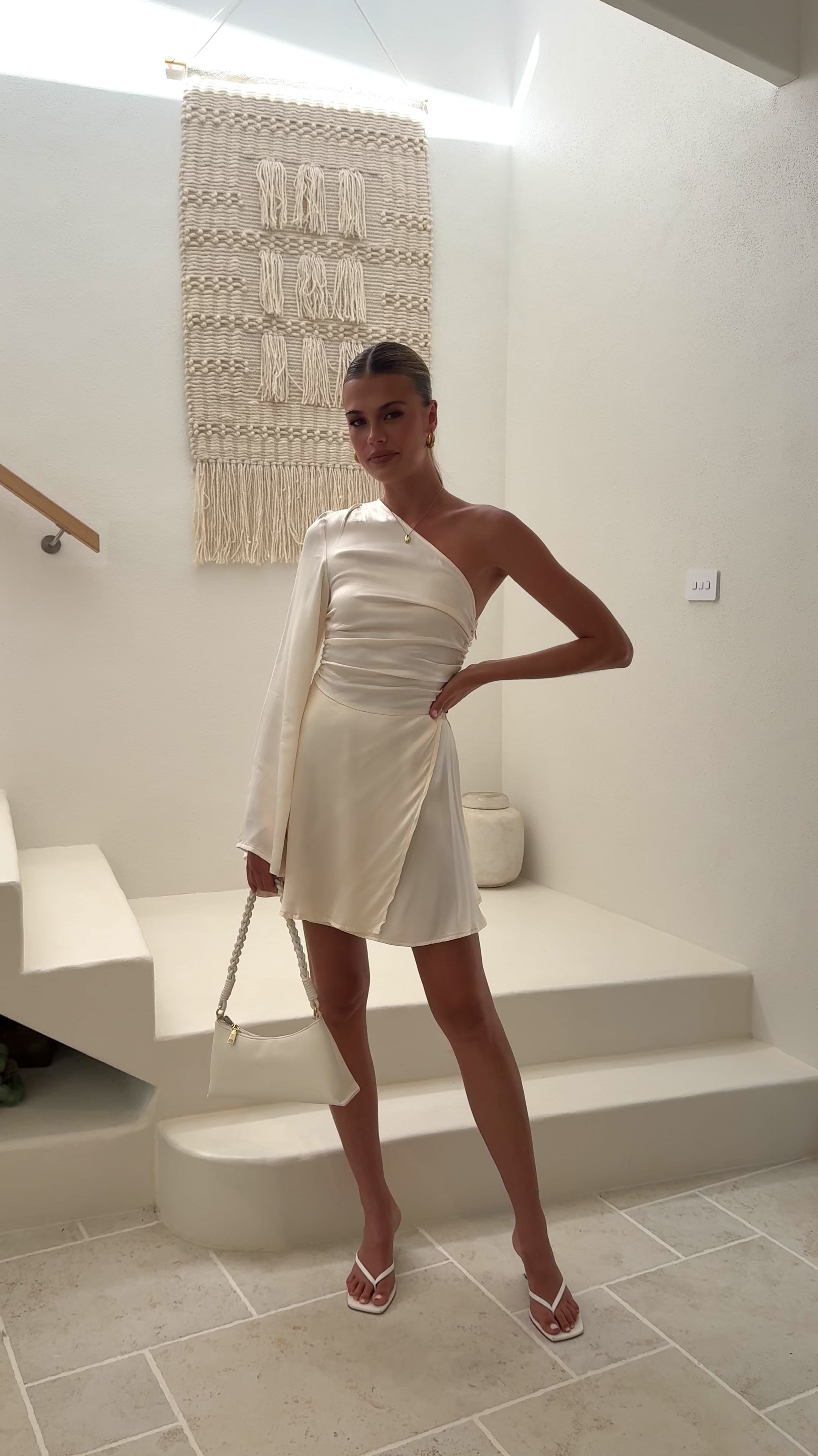 Load video: Letty One Shoulder Mini Dress - Cream - Billy J