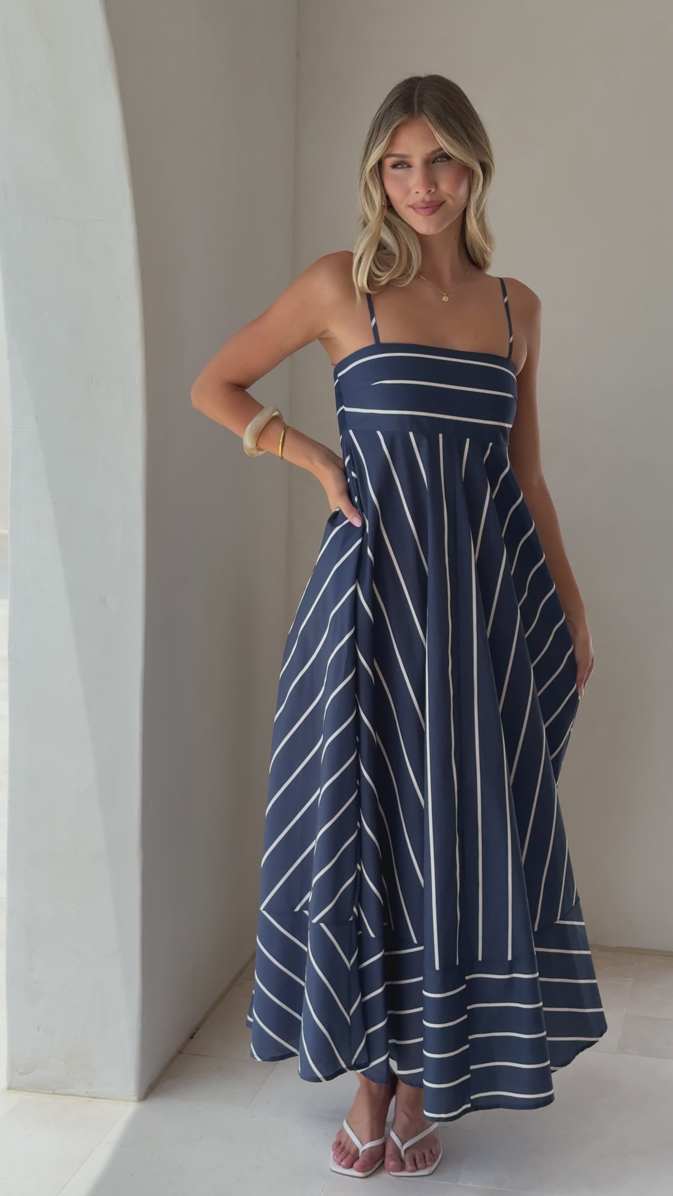 Load video: Kaethe Maxi Dress - Navy/White Stripe - Billy J
