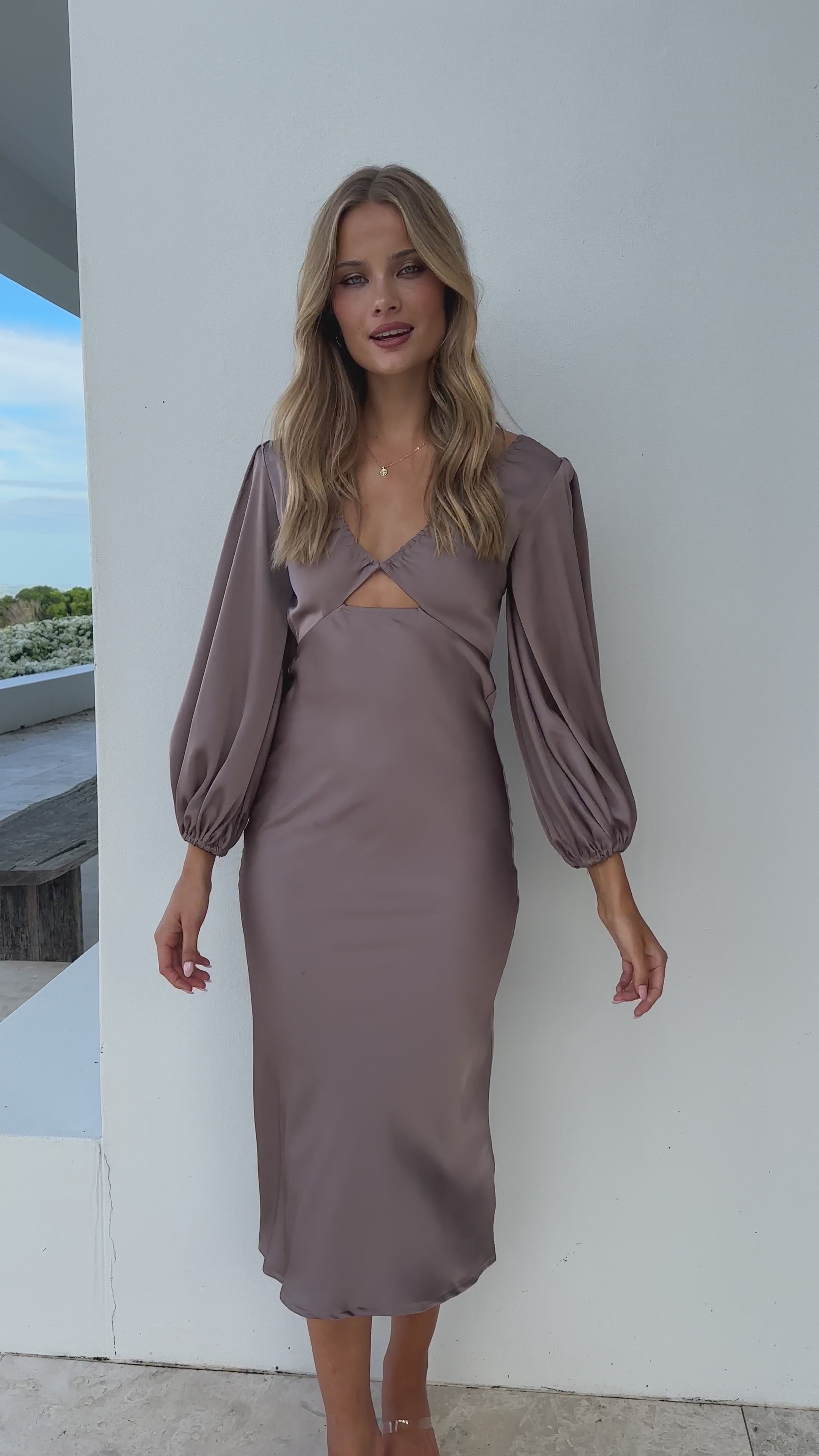 Load video: Cleo Midi Dress - Mushroom - Billy J