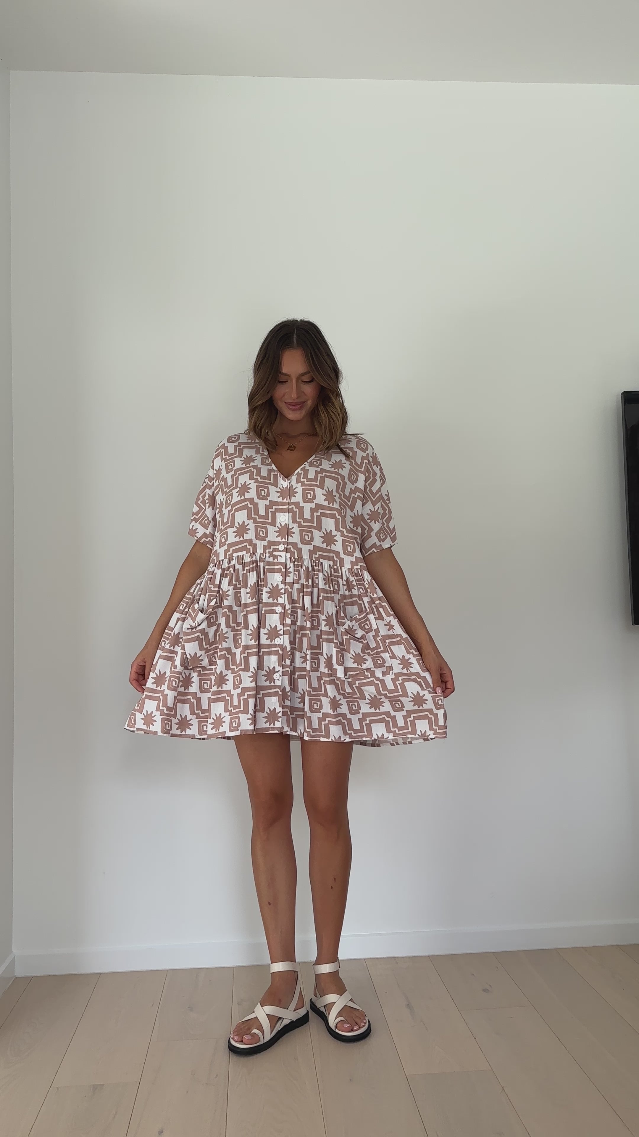 Ibiza Tunic Mini Dress - Beige Print