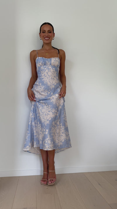 Load and play video in Gallery viewer, Margie Midi Dress - Blue / White Floral
