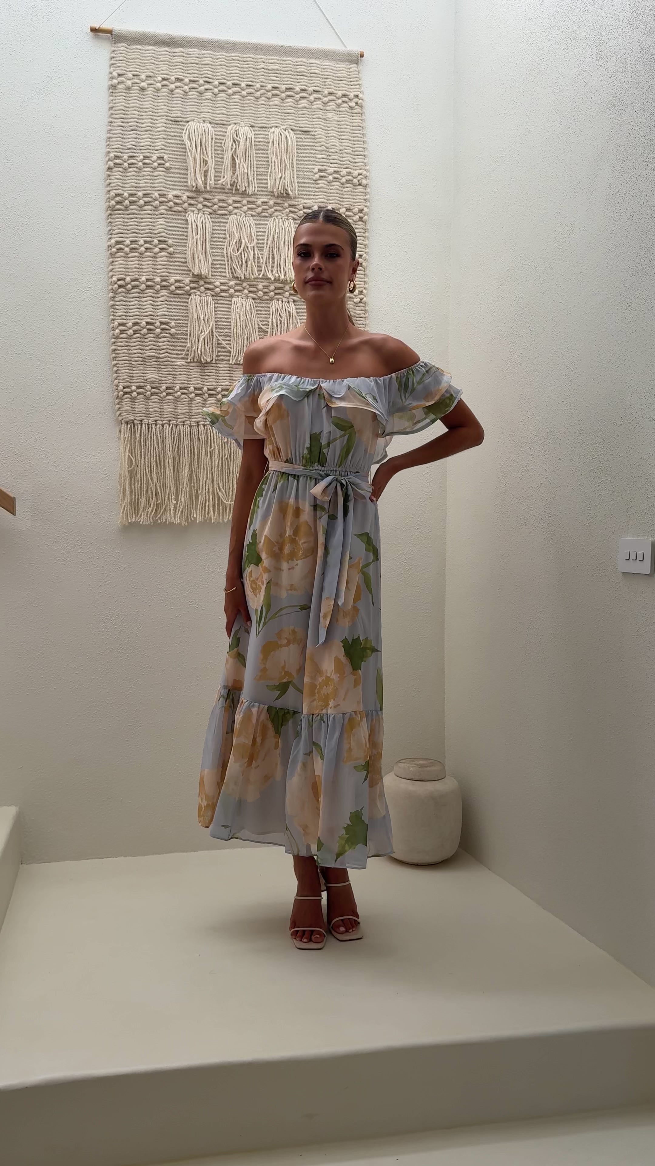 Load video: Chase Off Shoulder Maxi Dress - Blue/Peach Floral - Billy J