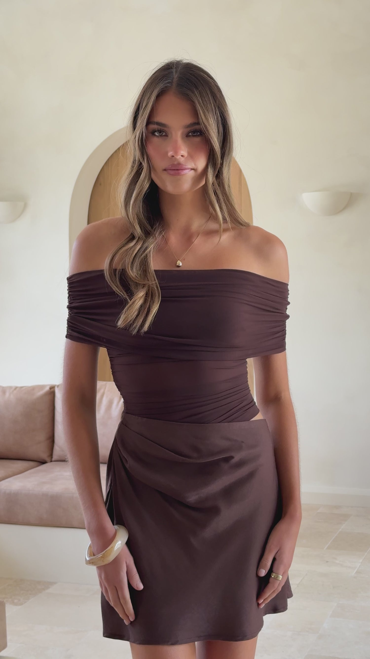 Daena Off Shoulder Mini Dress - Chocolate - Billy J