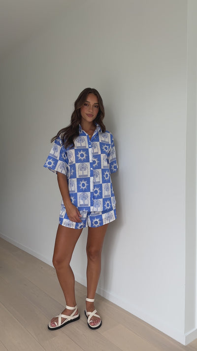 Load and play video in Gallery viewer, Charli Button Up Shirt and Shorts - White/Blue Sun Palm Checkers Print
