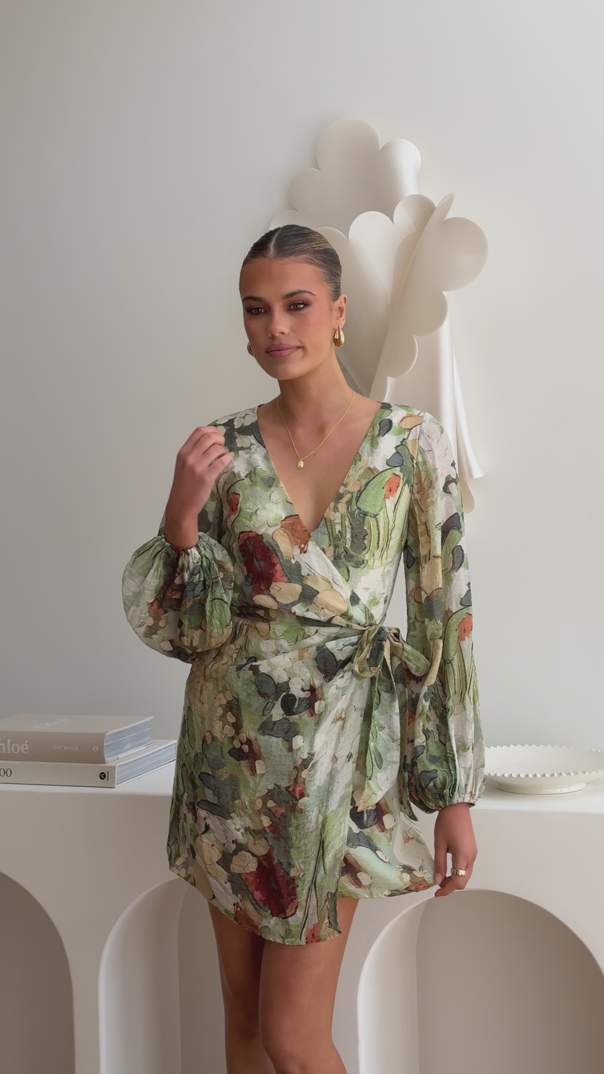 Jemma Long Sleeve Mini Dress - Green Abstract - Billy J