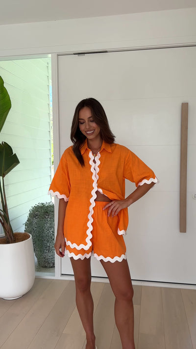 Load and play video in Gallery viewer, Carly Button Up Shirt and Shorts - Orange/White
