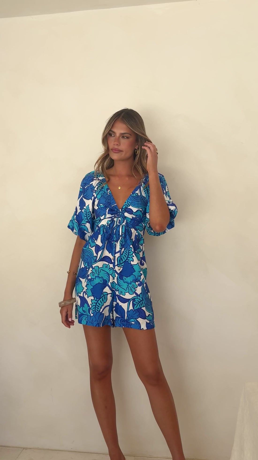 Janiya Puff Sleeve Playsuit - Blue / White Floral - Billy J
