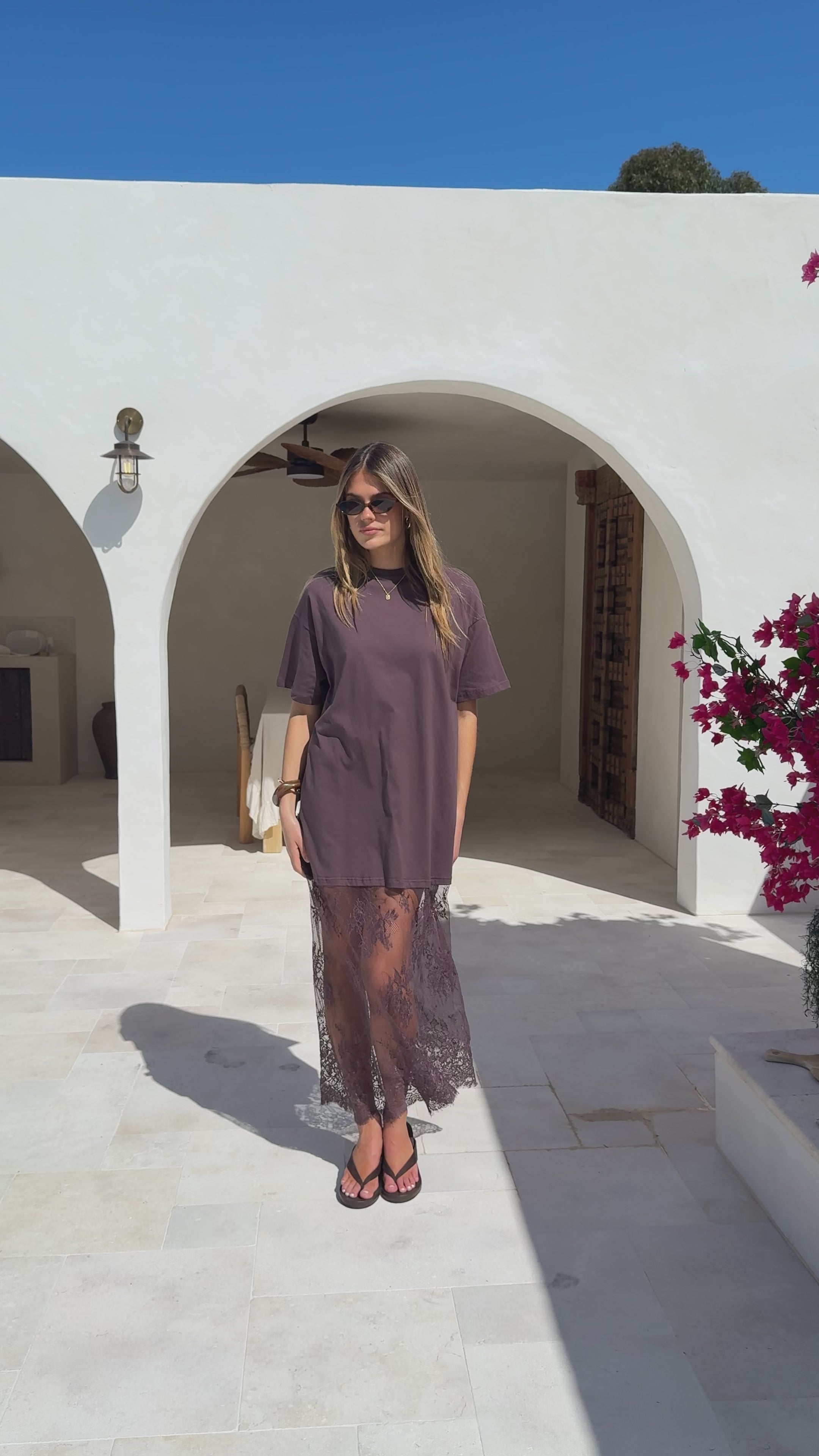 Load video: Raina T-Shirt Maxi Dress - Brown Lace - Billy J