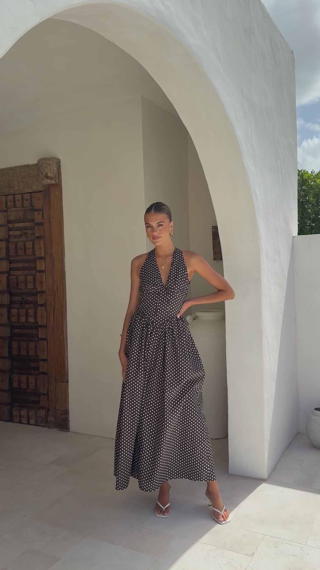 Rachel Tie Back Maxi Dress - Chocolate/White Spot - Billy J