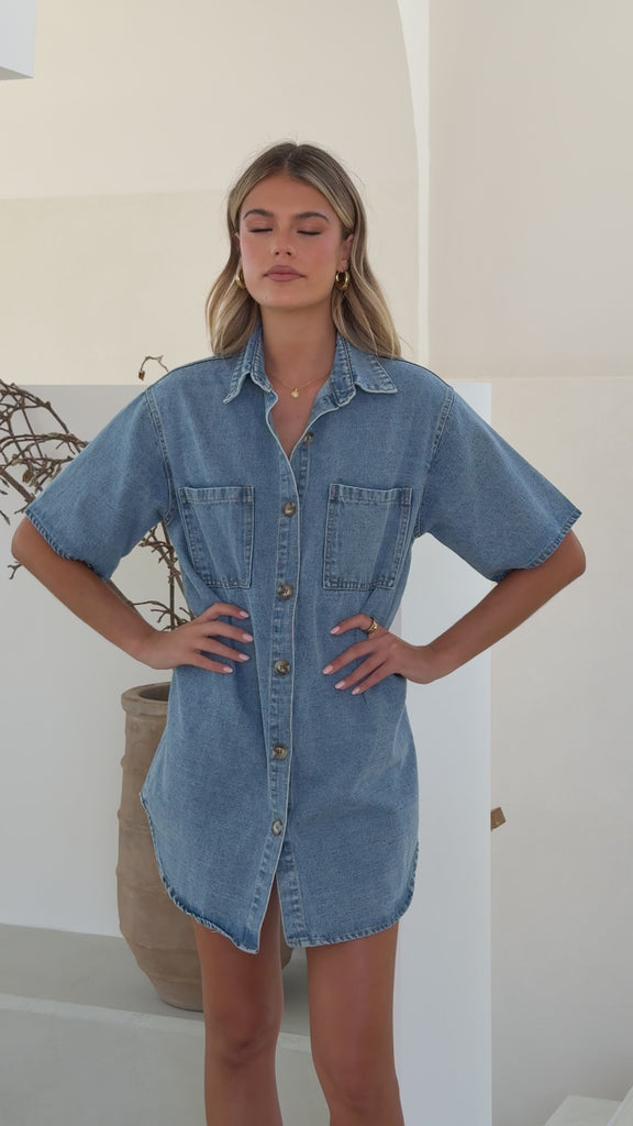 Chaney Button Up Mini Dress - Medium Denim - Billy J