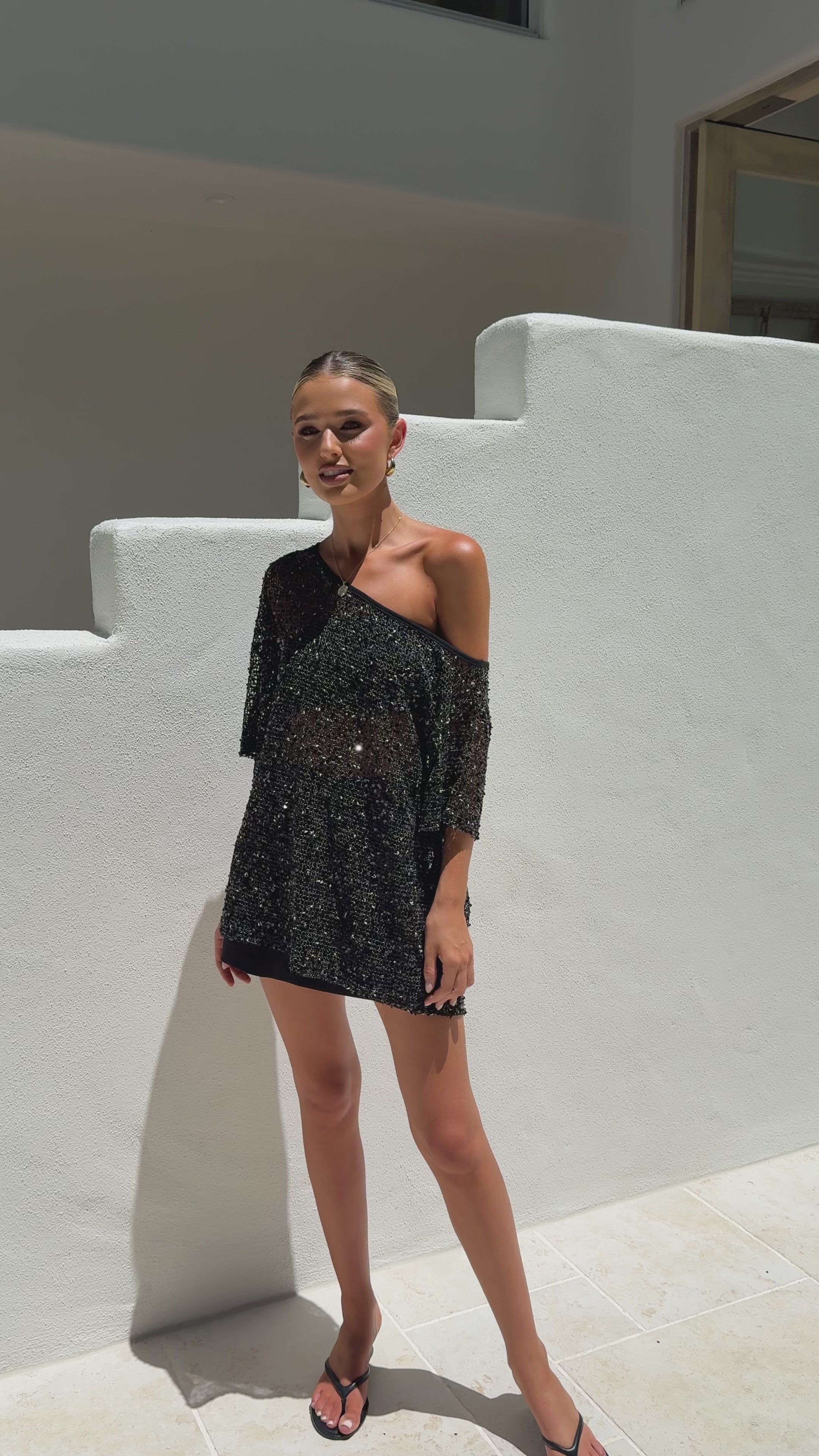 Load video: Zinnie Sequins Off Shoulder Top - Black - Billy J