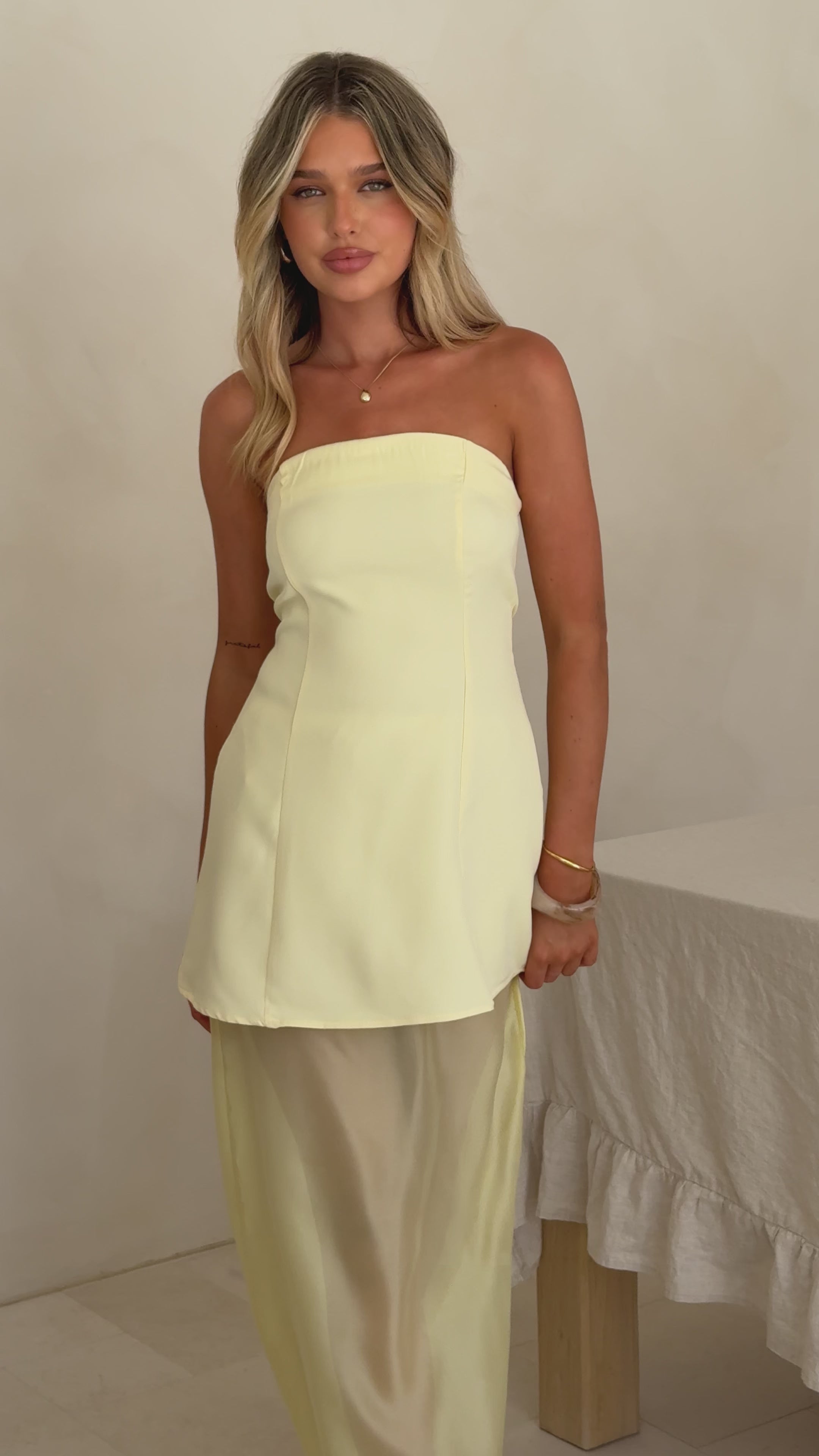 Load video: Kimora Strapless Mini Dress &amp; Organza Skirt Set - Yellow - Billy J