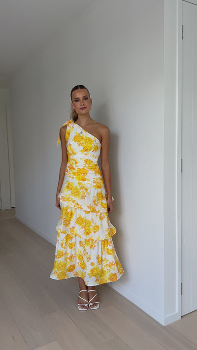 Load and play video in Gallery viewer, Odilie One Shoulder Maxi Dress - Yellow Floral
