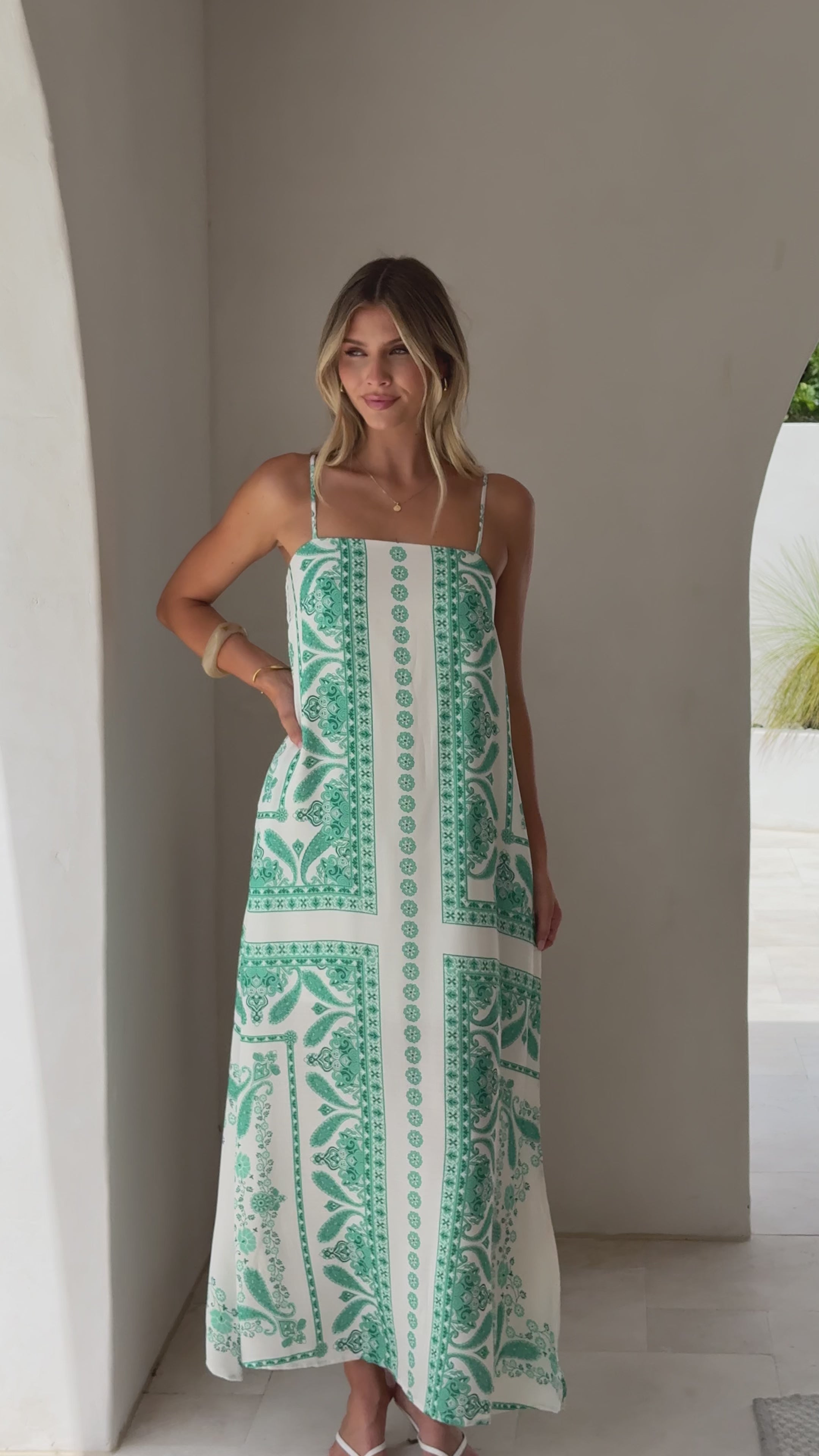 Load video: Talise Maxi Dress- Green Aztec - Billy J