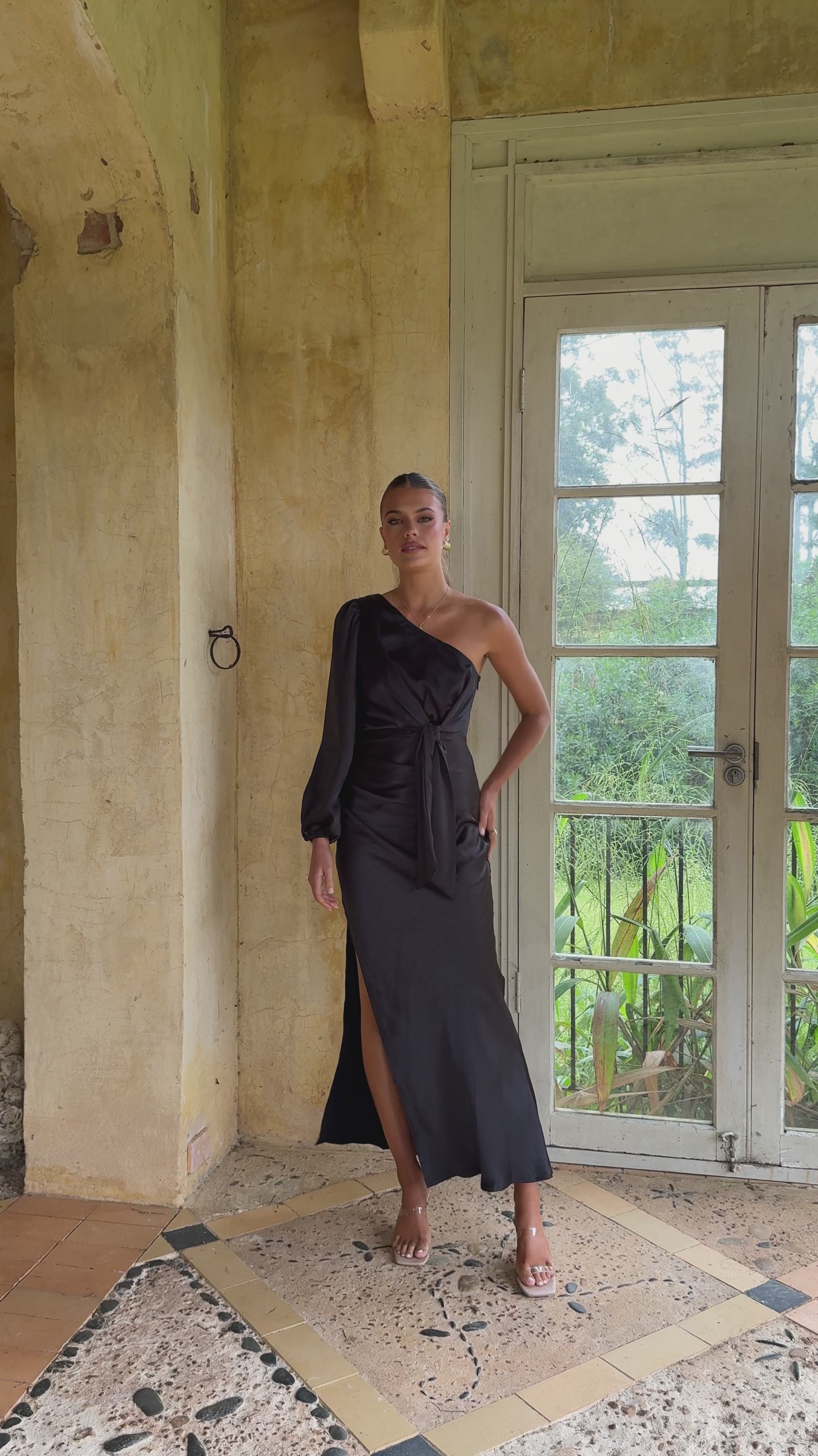 Load video: Eden One Shoulder Tie Front Maxi Dress - Black - Billy J