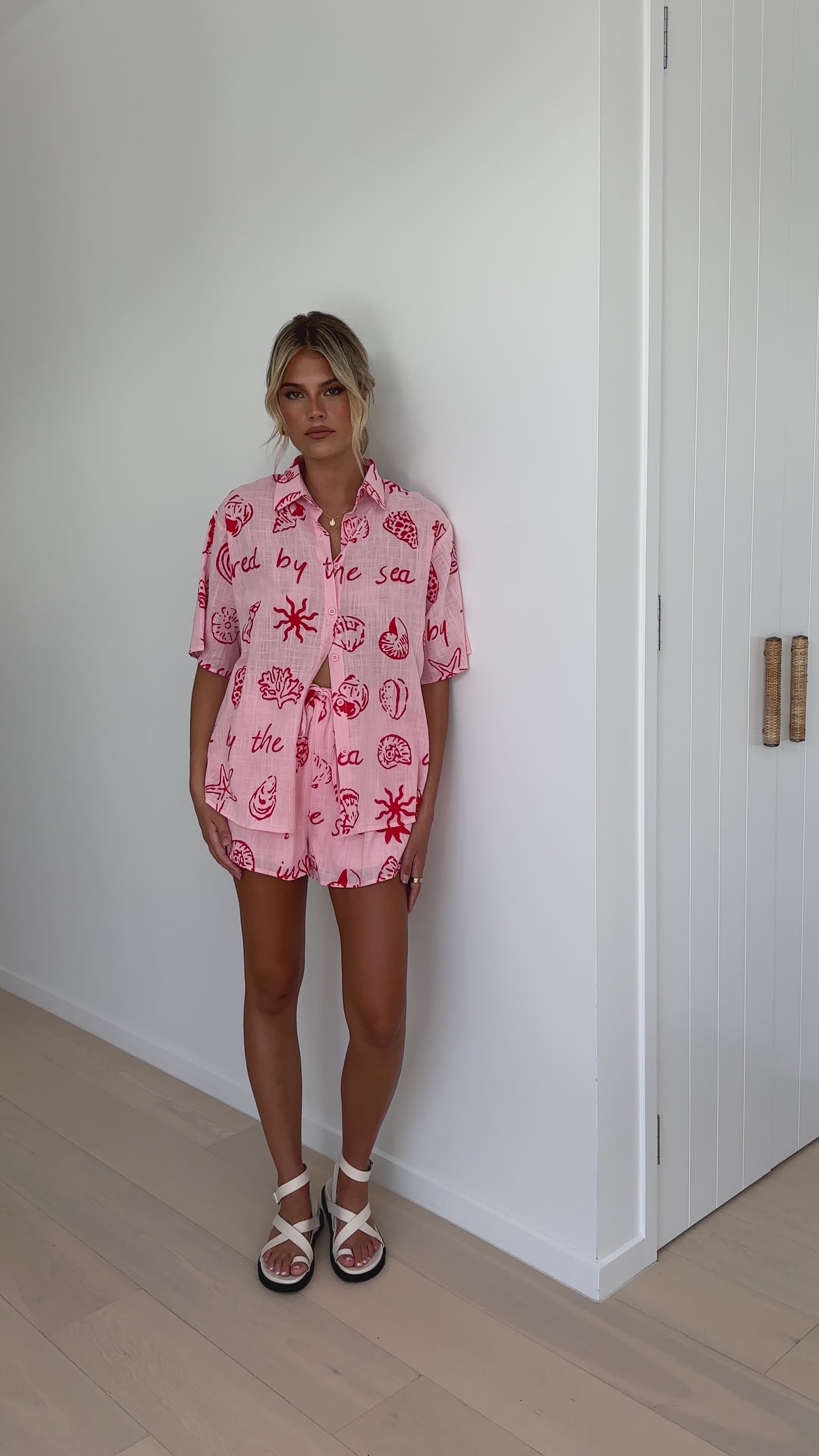 Charli Button Up Shirt and Shorts Set - Pink / Red By The Sea Print