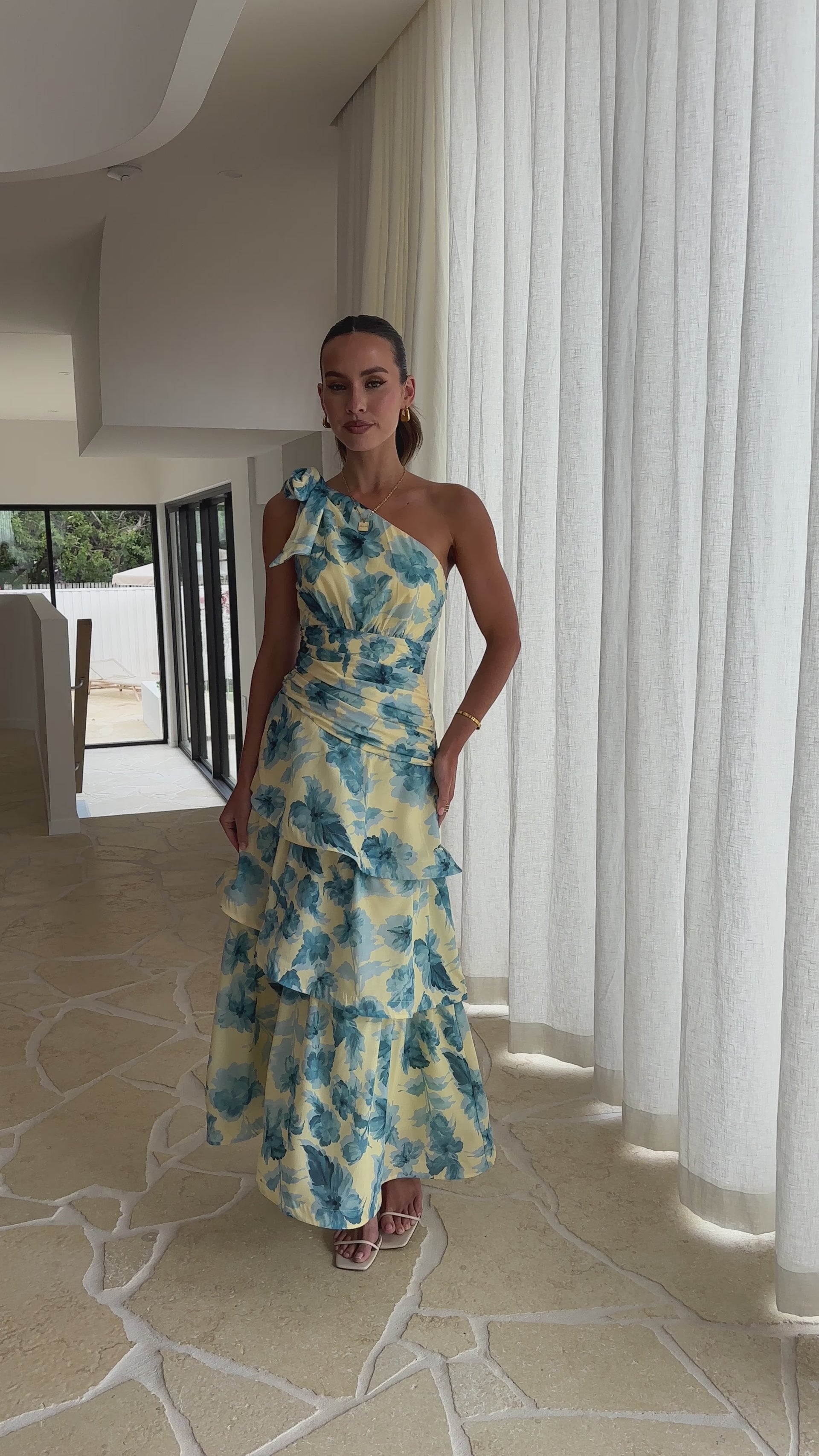 Odilie One Shoulder Maxi Dress - Yellow/Blue Floral - Buy Women's Dresses