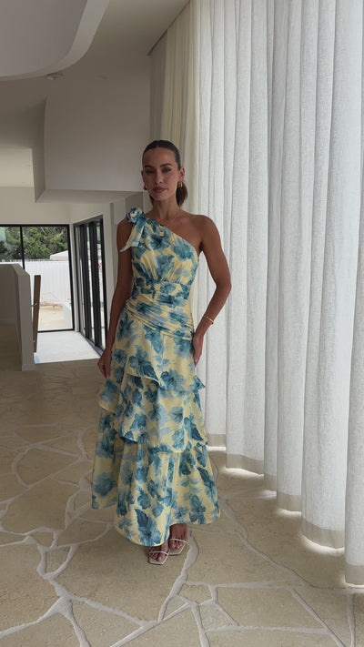 Load and play video in Gallery viewer, Odilie One Shoulder Maxi Dress - Yellow/Blue Floral
