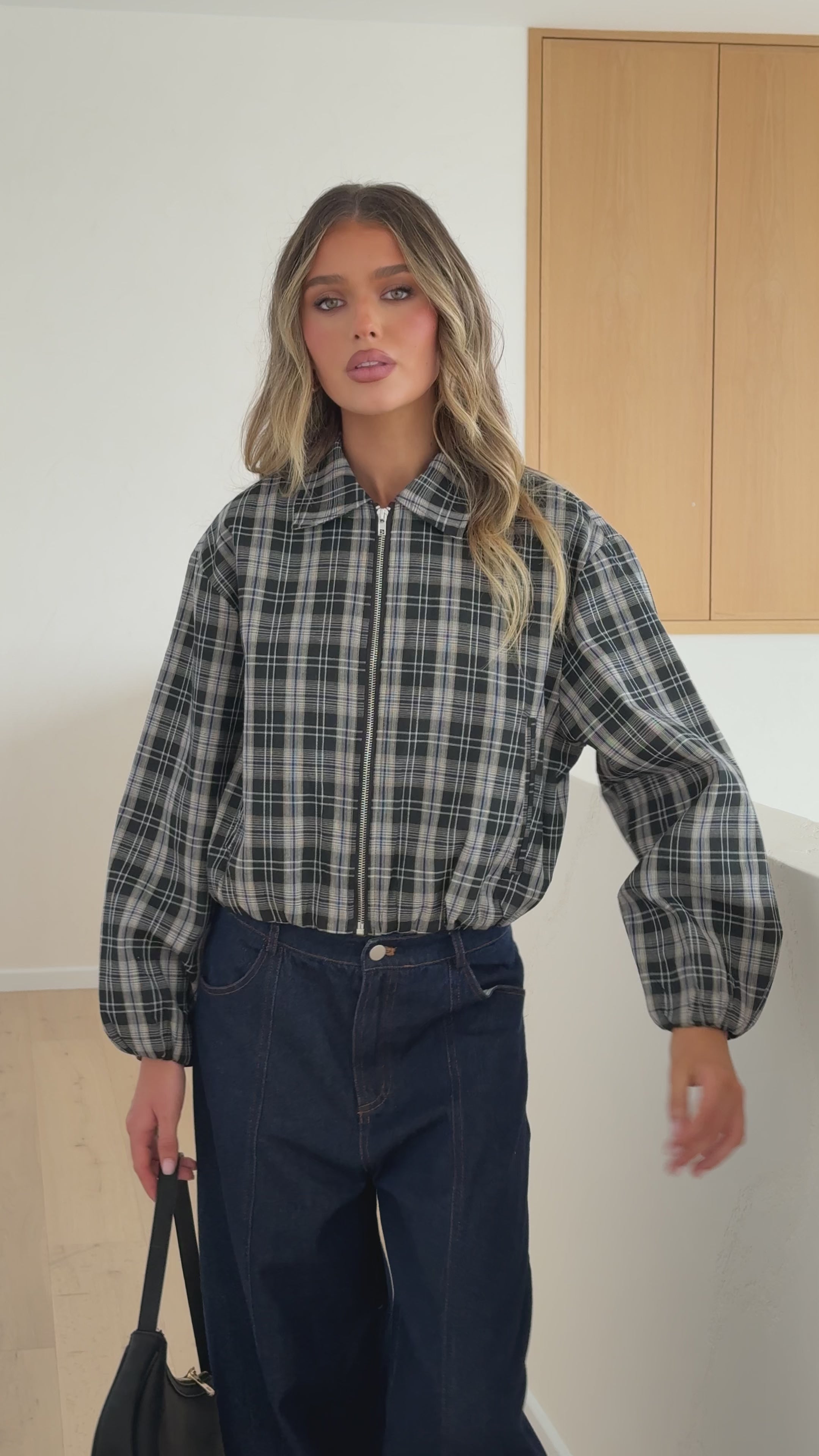 Load video: Brax Bomber Jacket - Black/Beige Plaid - Billy J