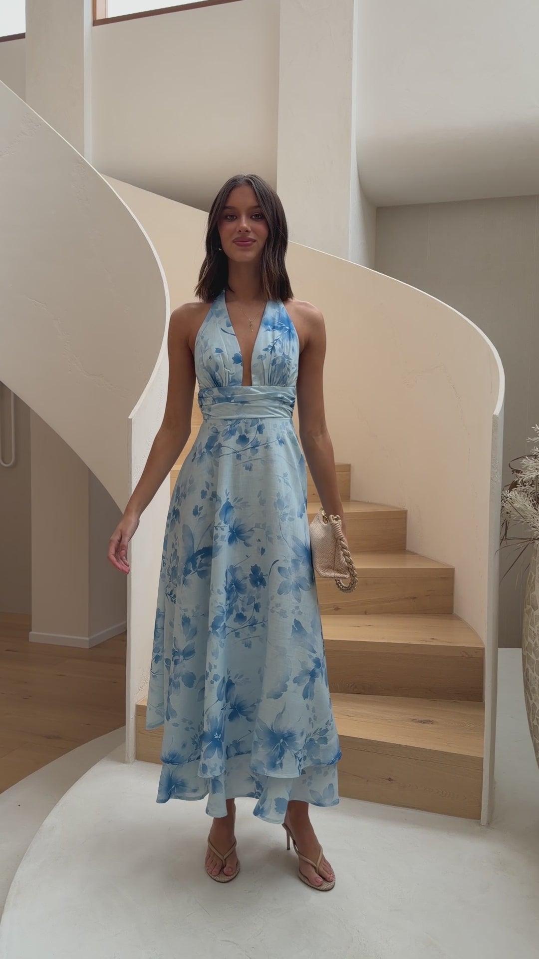 Load video: Kathy Halter Neck Maxi Dress - Blue Floral - Billy J