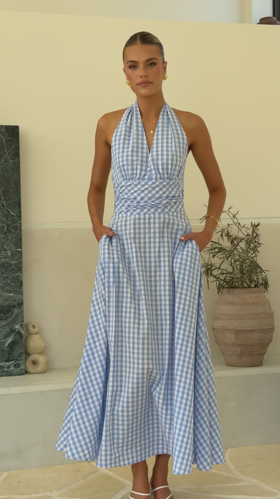 Brydie Halter Maxi Dress - Gingham Light Blue - Billy J