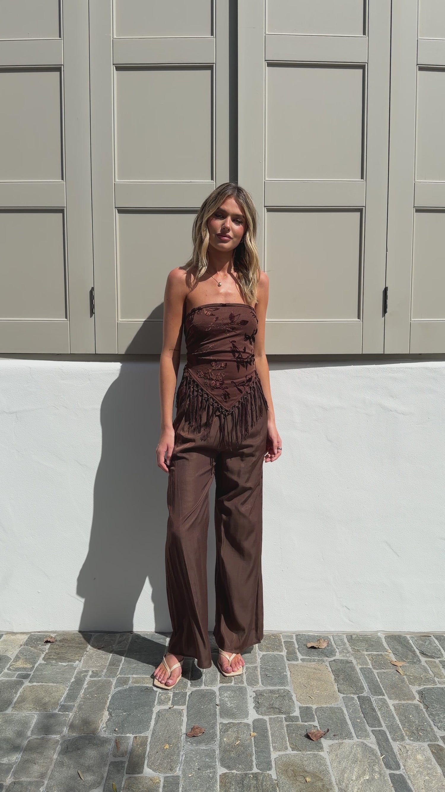 Kamara Fringe Scarf Top and Pants Set - Chocolate - Billy J