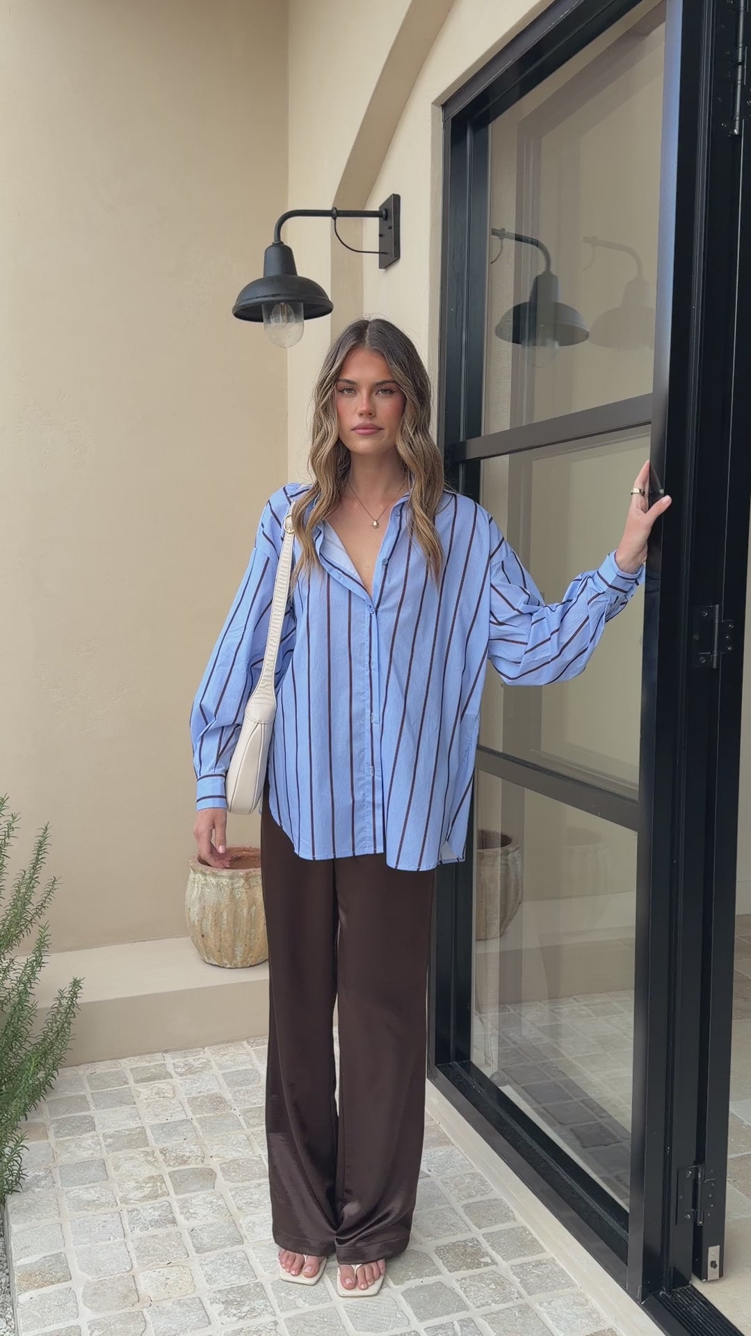 Load video: Arli Button Up Shirt - Blue/Brown Stripe - Billy J