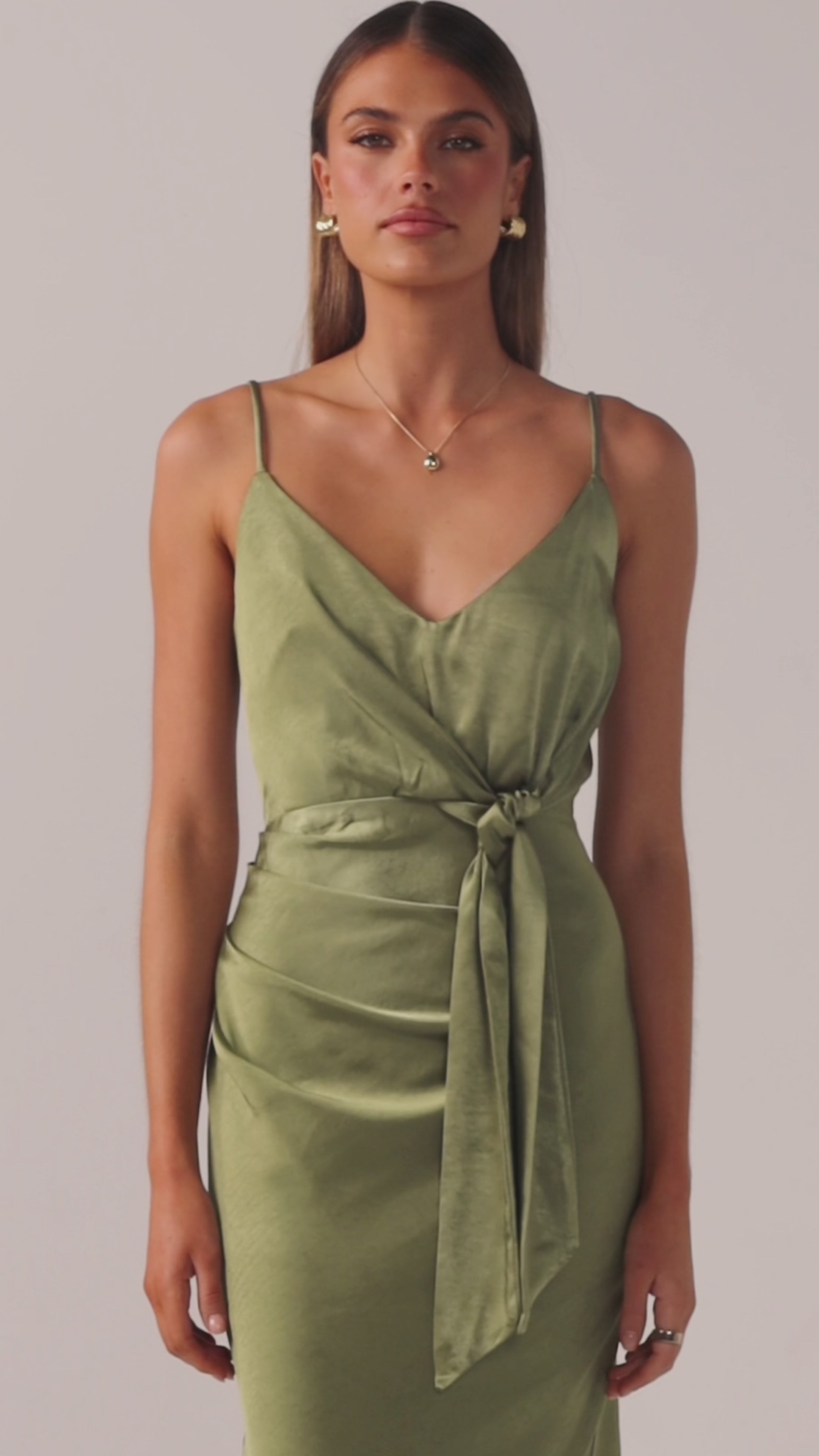 Load video: Yasmeen Tie Front Maxi Dress - Olive