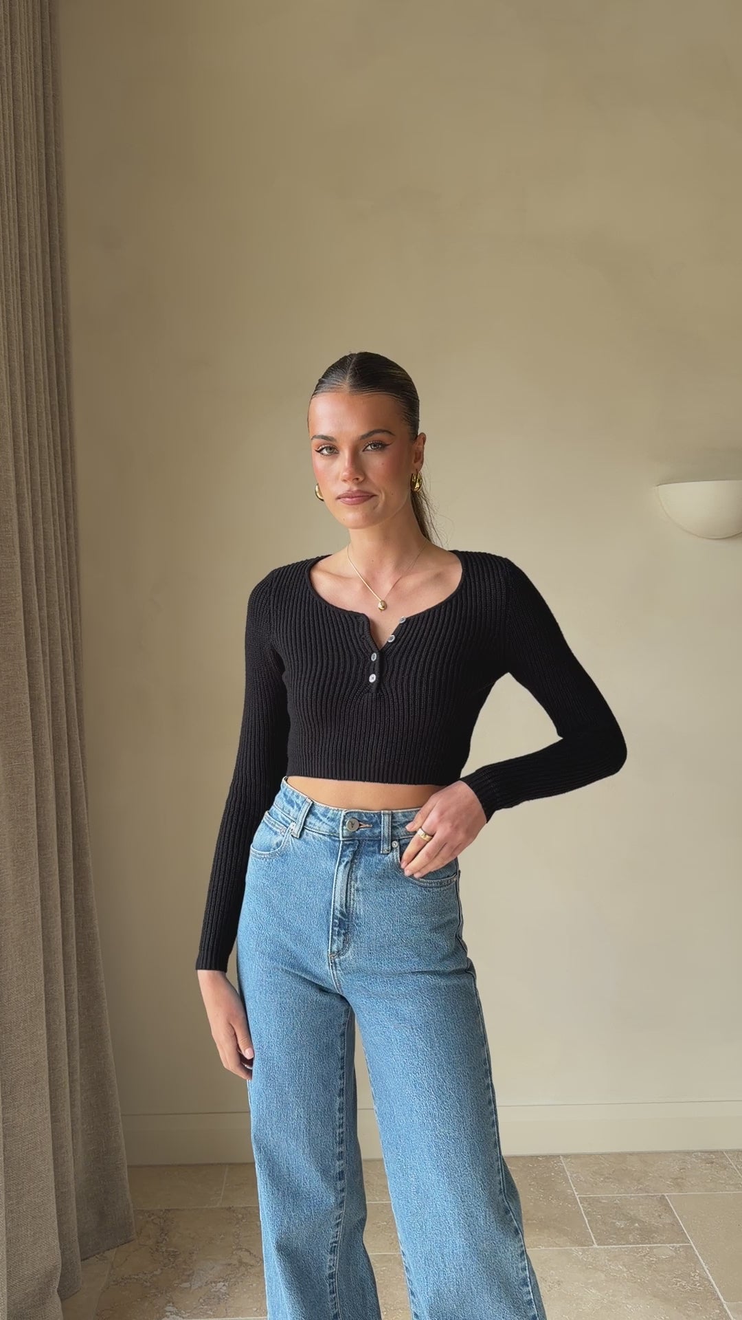 Load video: Lacy Long Sleeve Top - Black - Billy J