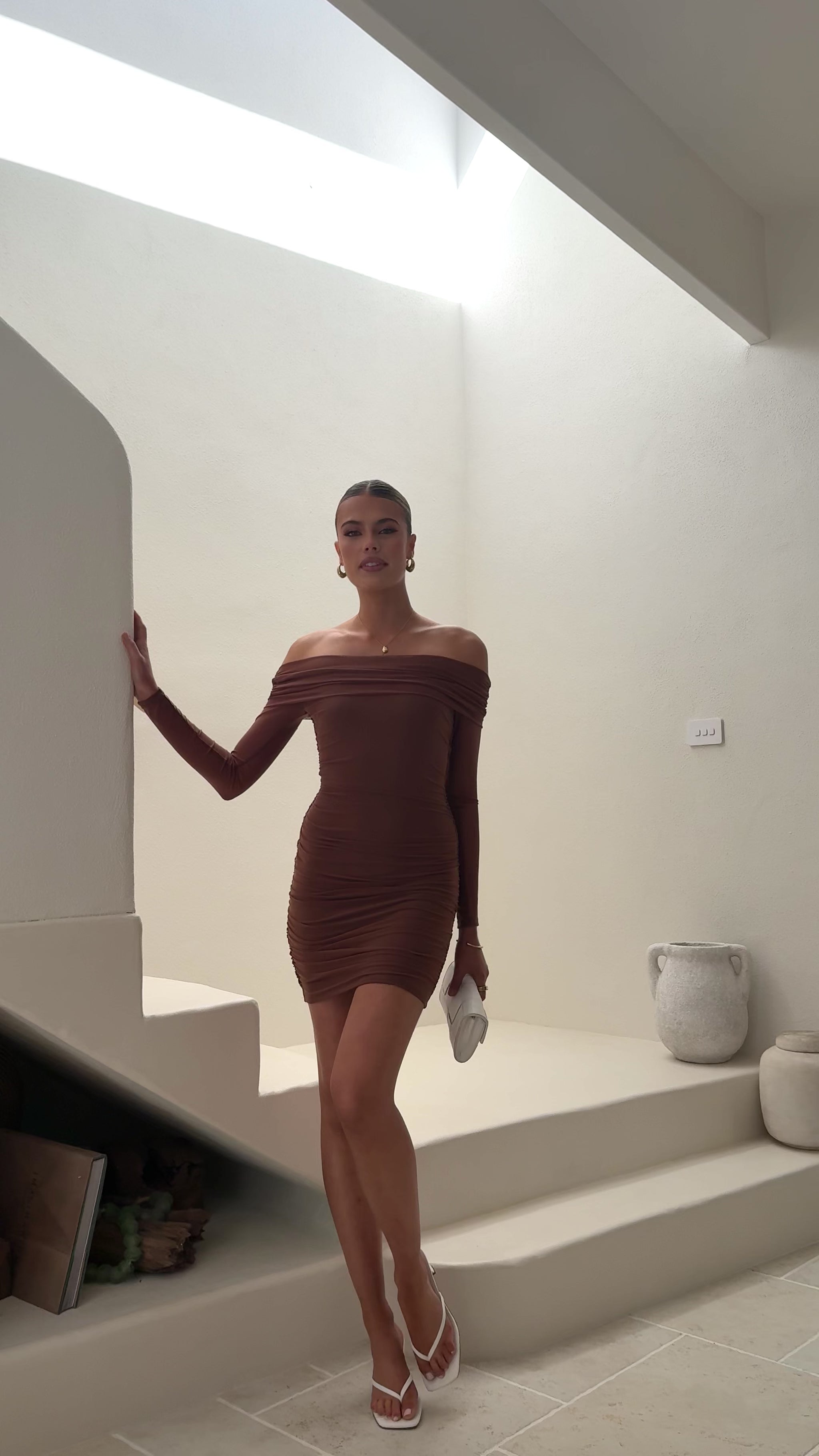 Isadora Off Shoulder Mini Dress - Chocolate - Billy J