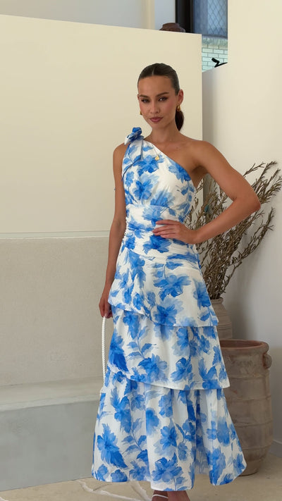 Load and play video in Gallery viewer, Odilie One Shoulder Maxi Dress - White/Blue Floral
