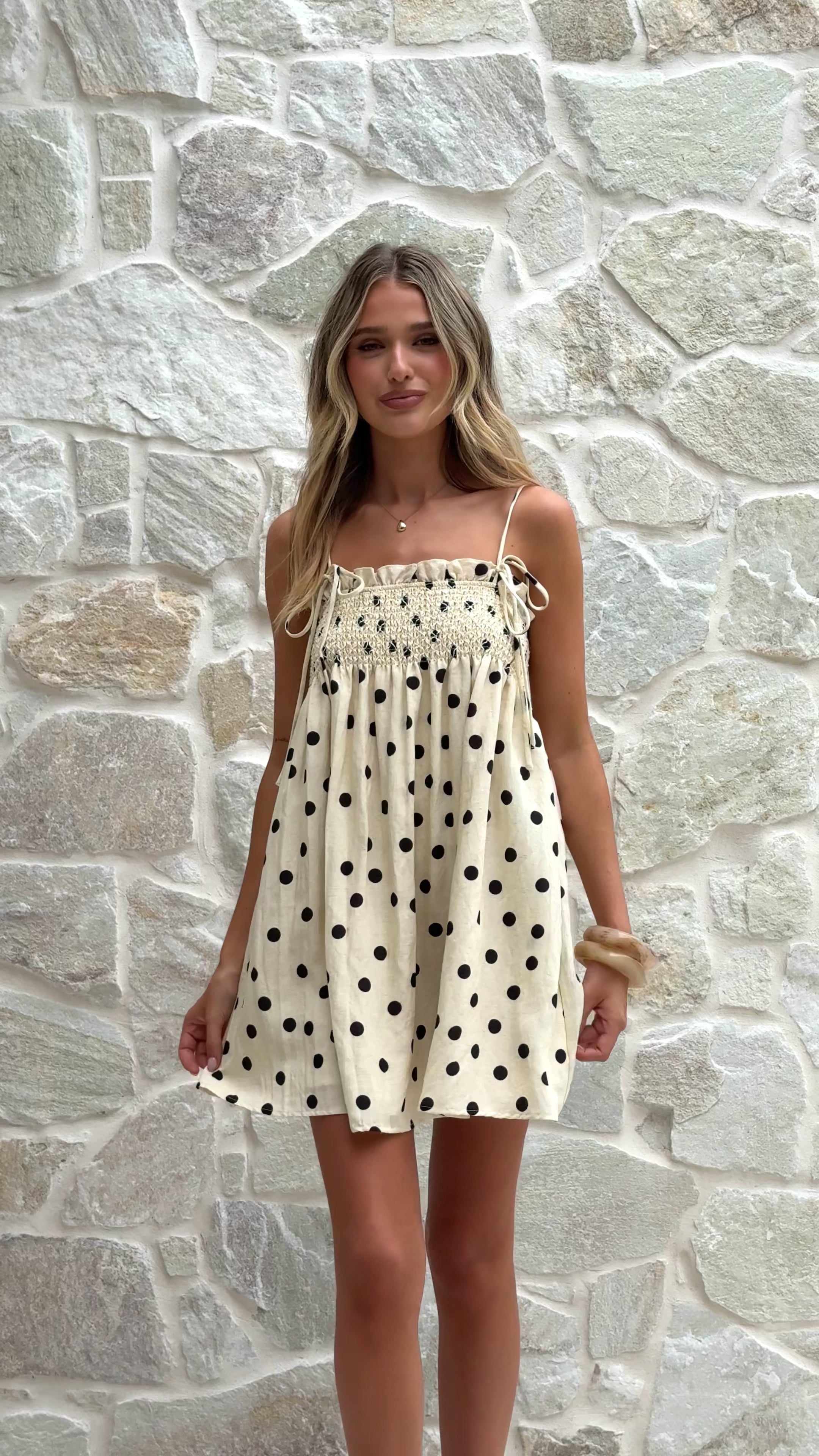 Load video: Wyomie Mini Dress - Natural / Black Polka - Billy J