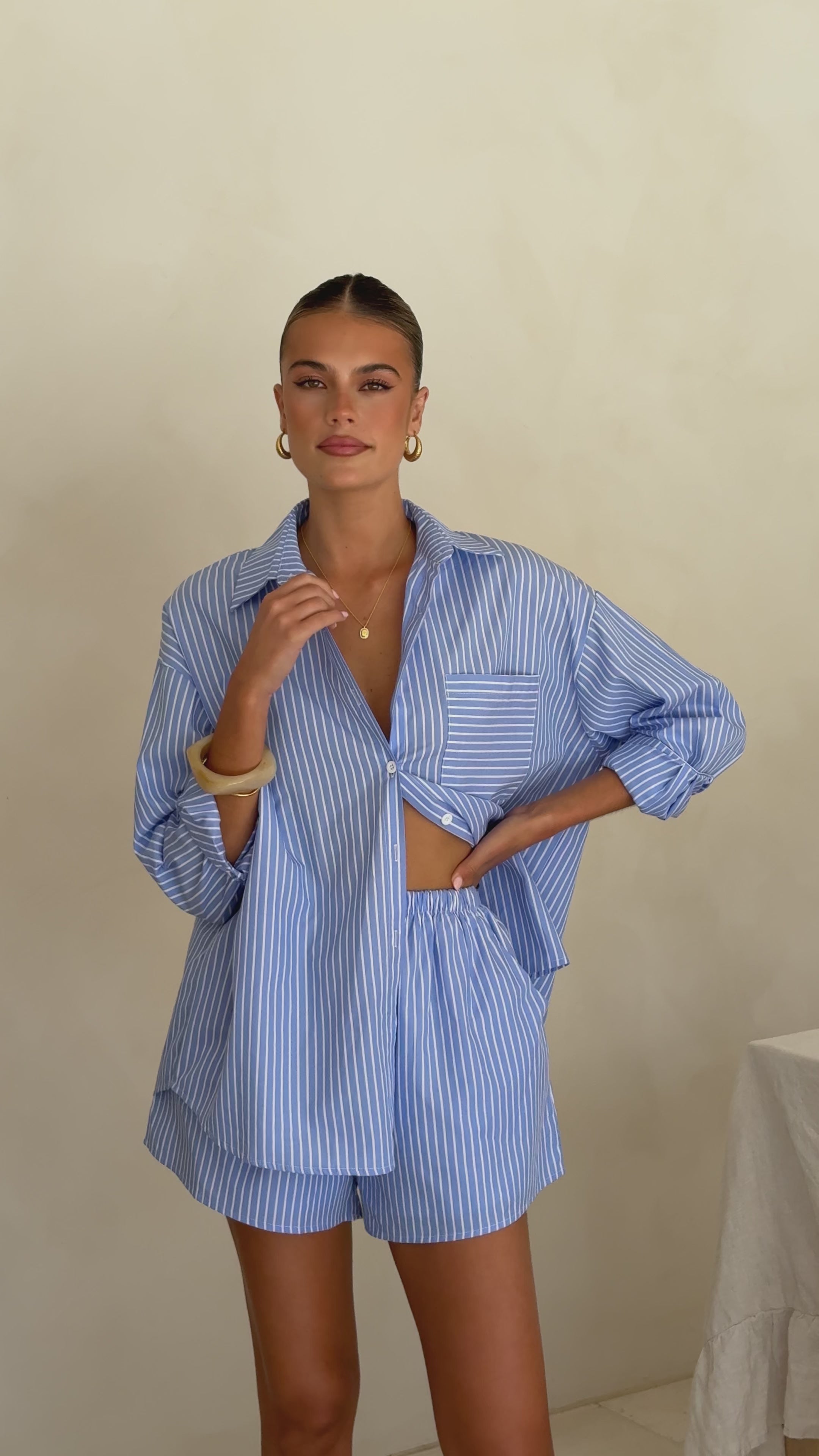 Load video: Elita Long Sleeve Button Up Shirt and Shorts Set - Blue / White Stripe - Billy J