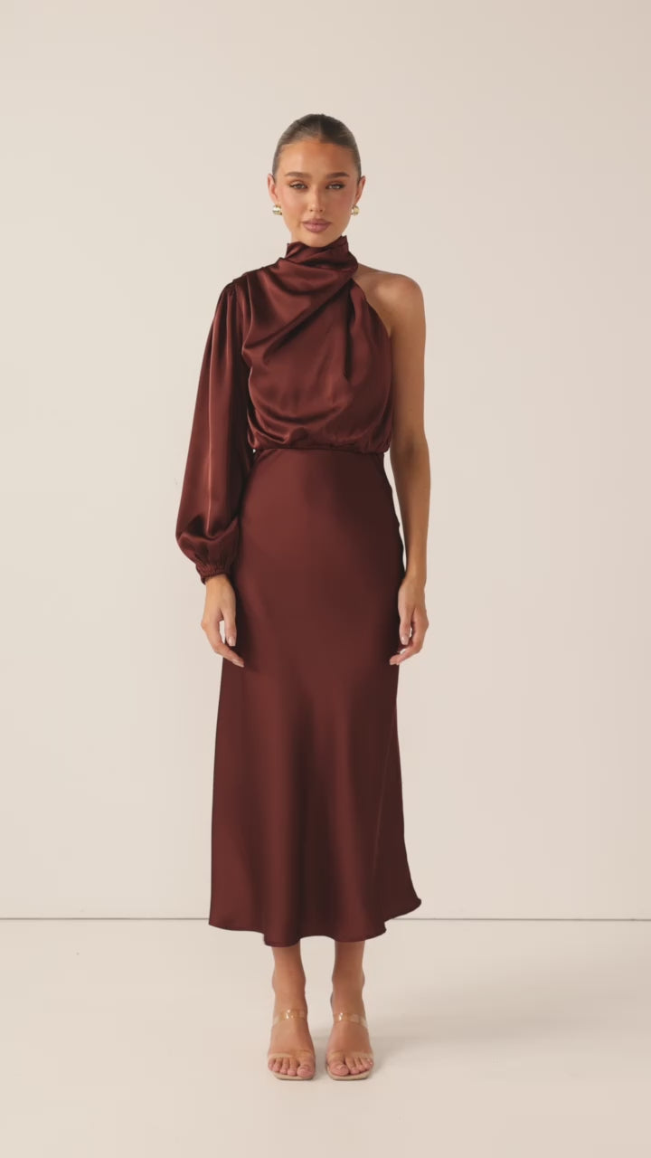 Esther One Shoulder Long Sleeve Dress - Brown - Billy J