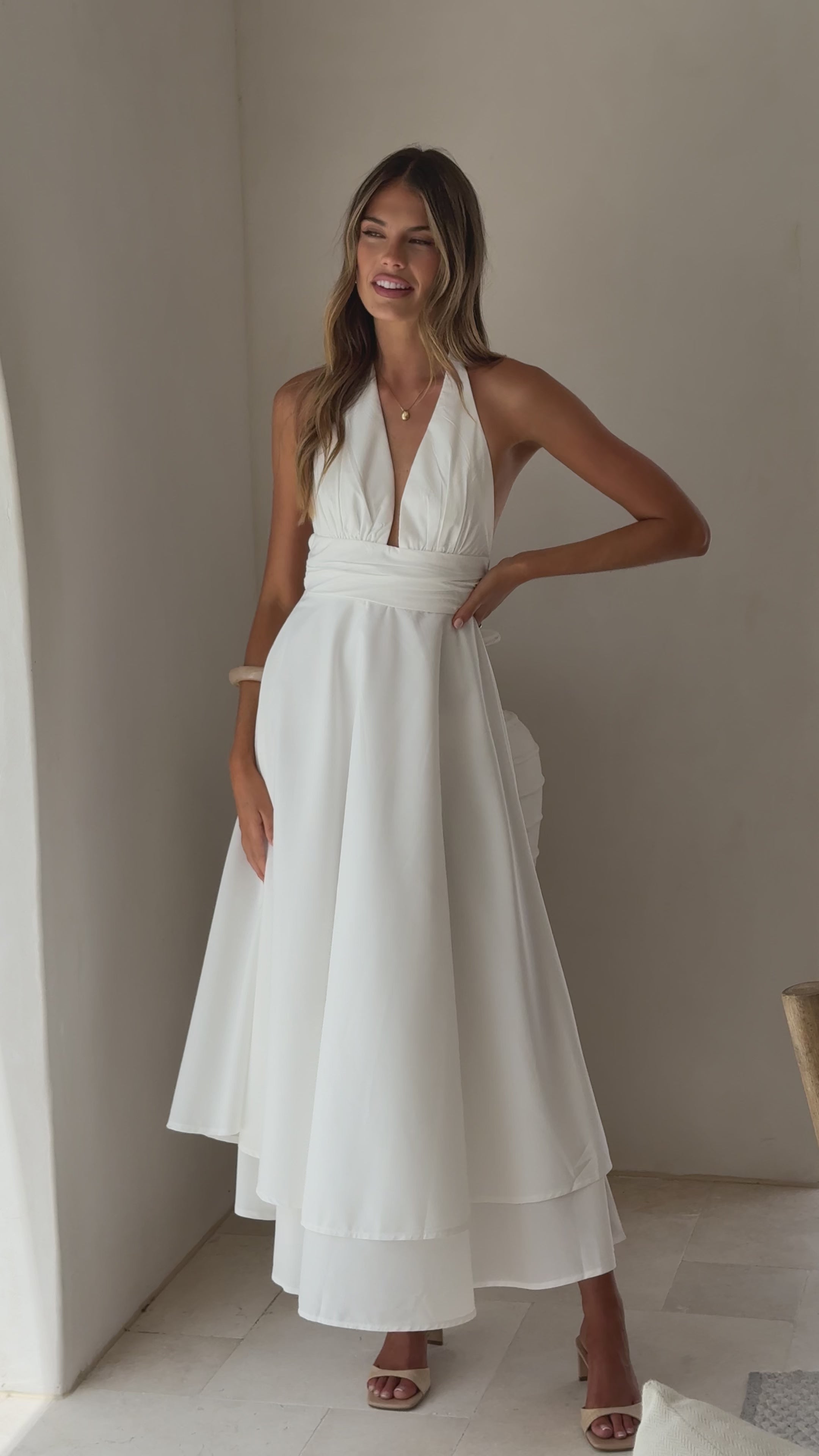 Load video: Kathy Halter Neck Maxi Dress - White - Billy J