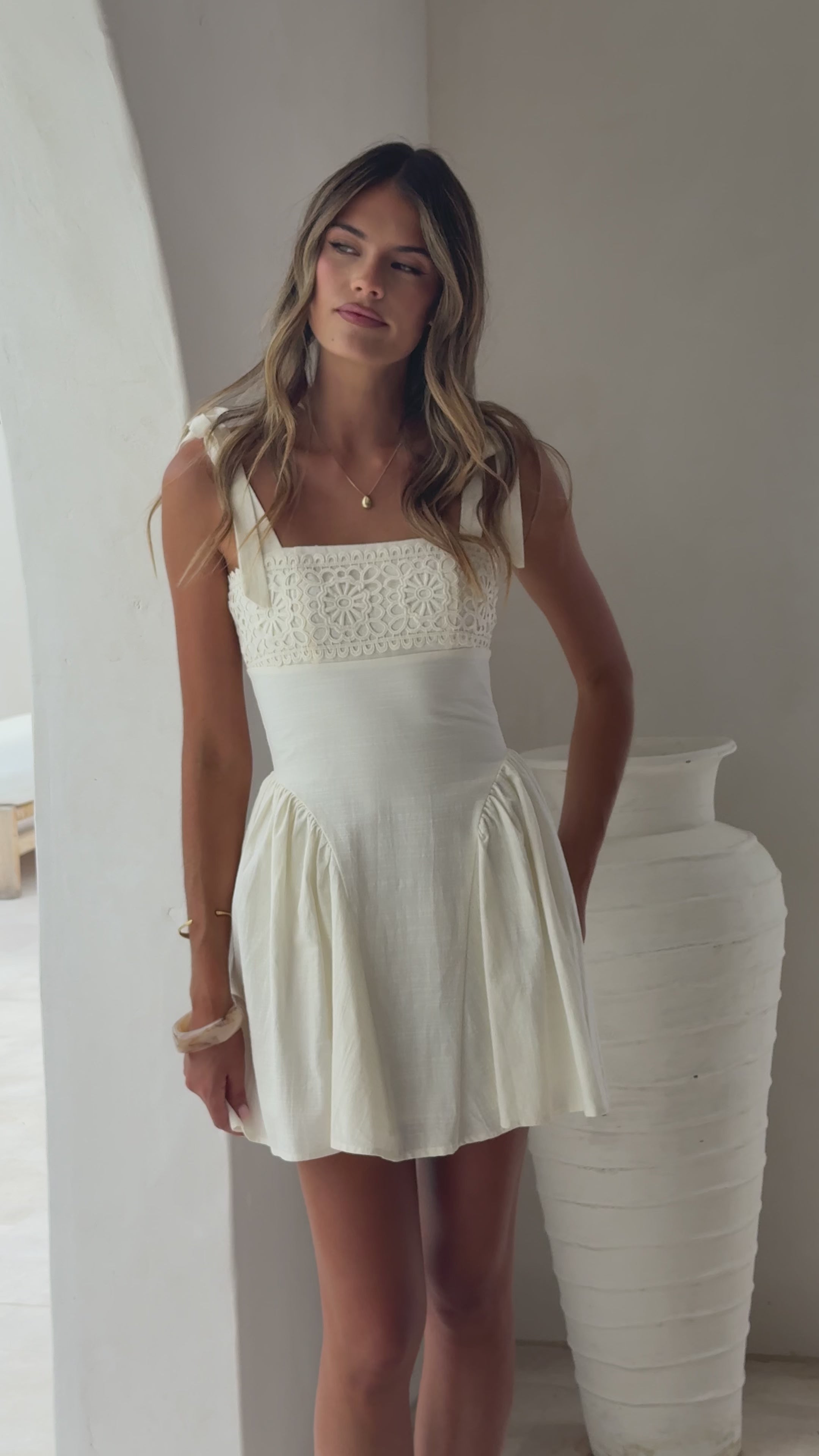 Load video: Nari Tie Strap Mini Dress - White - Billy J