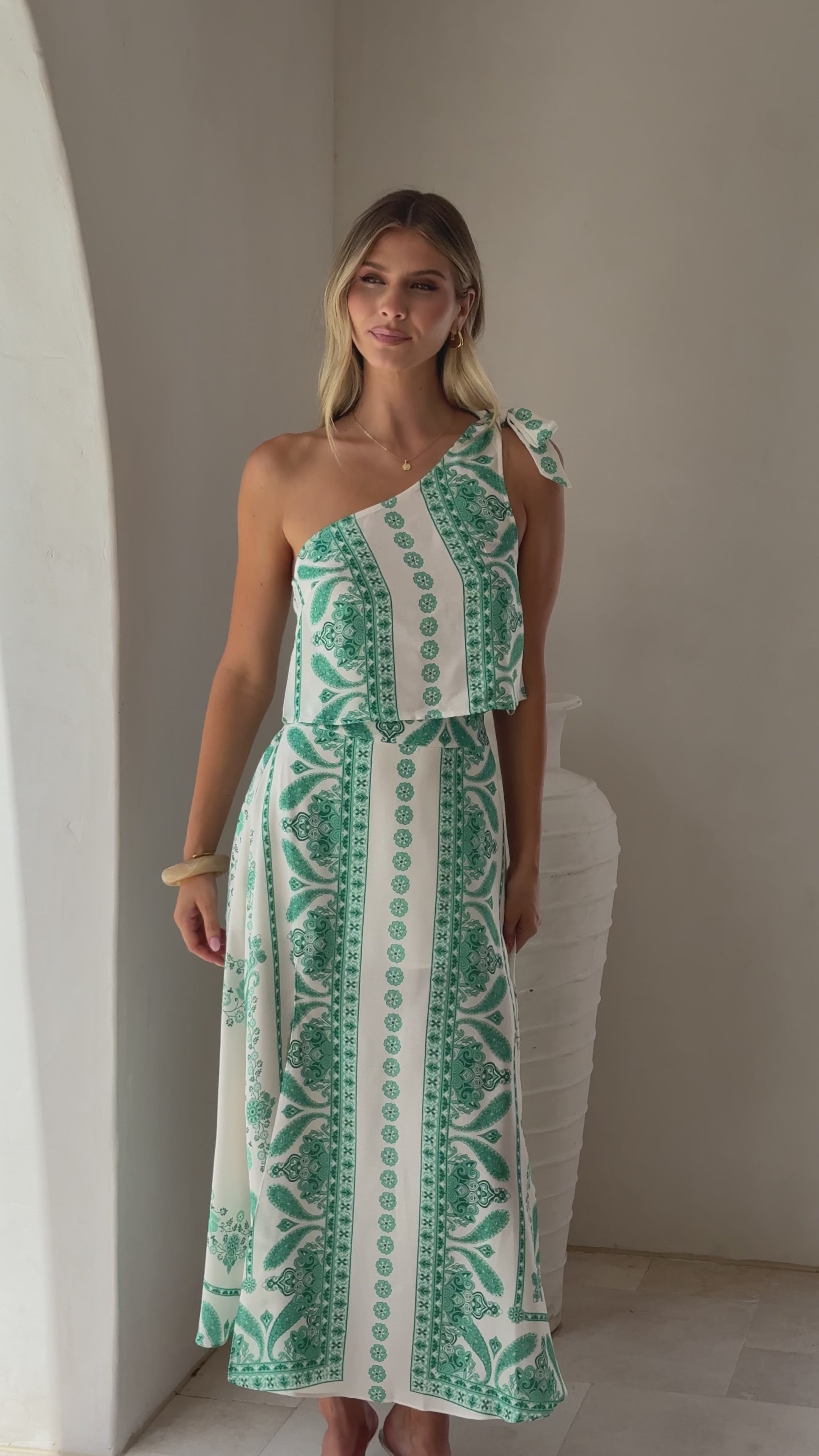 Load video: Julia One Shoulder Top - Green Aztec - Billy J