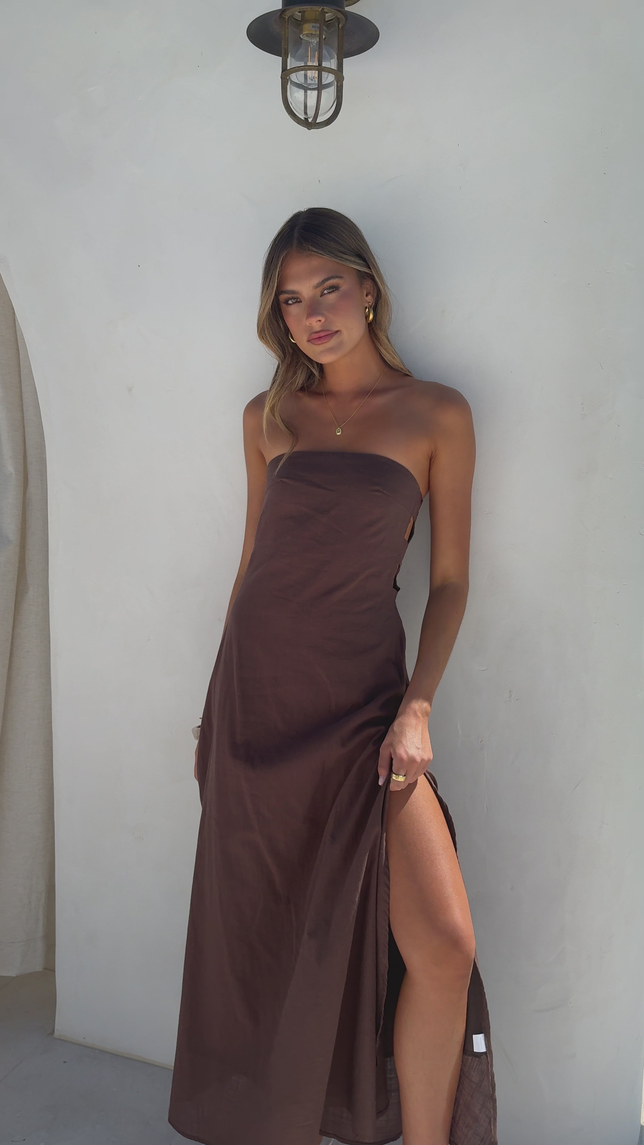 Load video: Ramona Strapless Maxi Dress - Brown - Billy J
