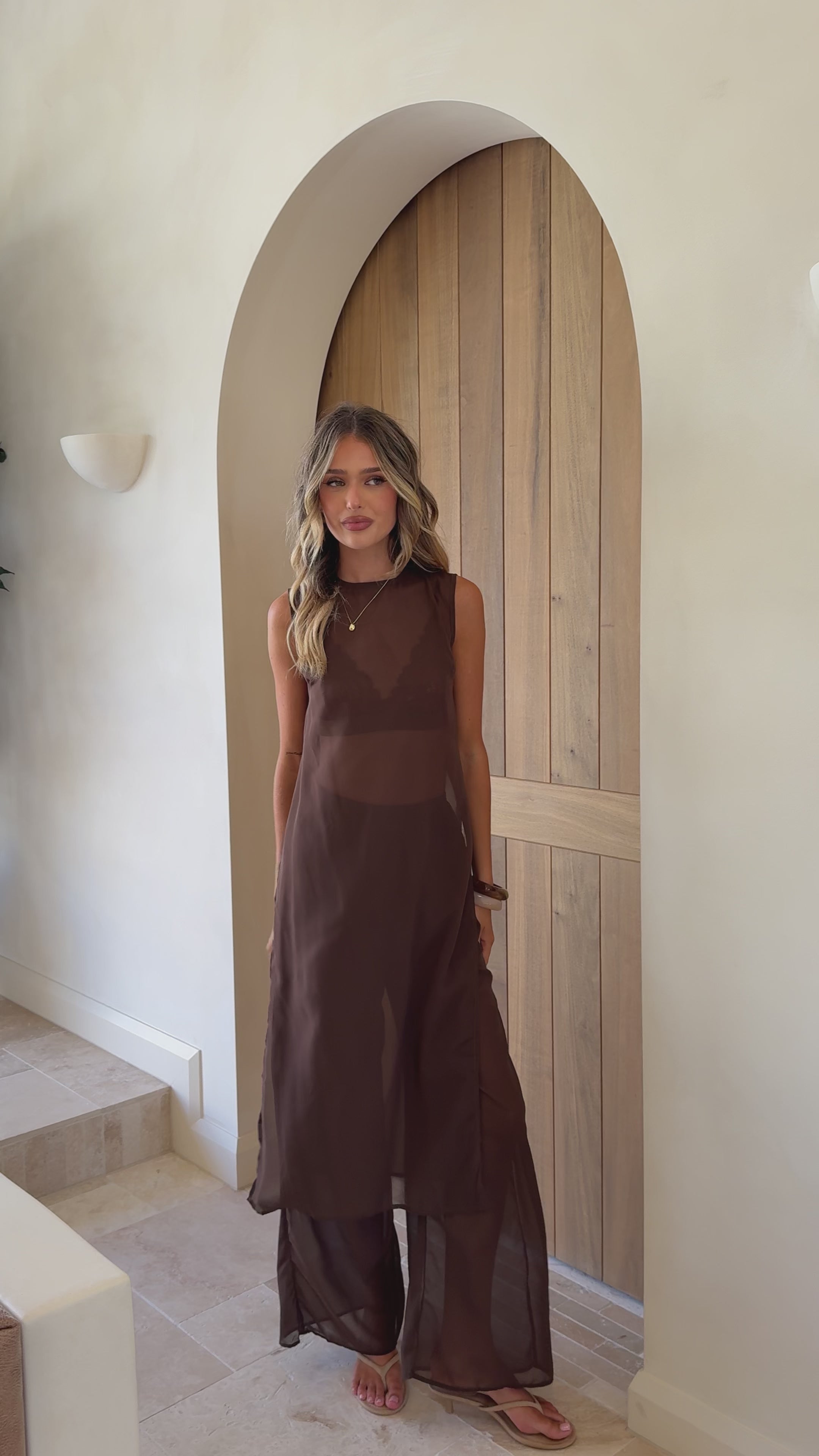 Load video: Zaire Long Line Sheer Top and Pants Set - Chocolate - Billy J