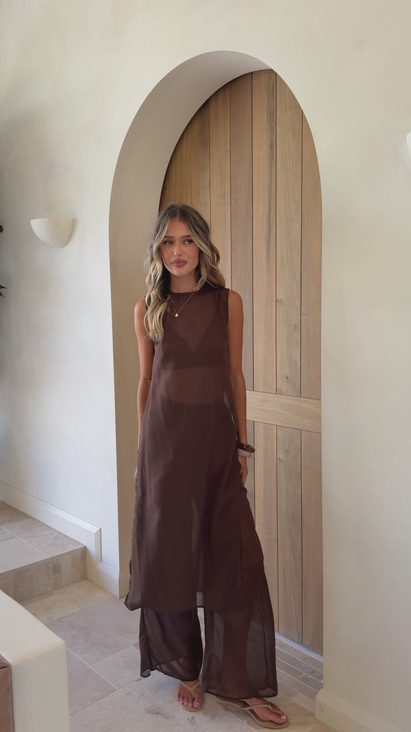 Zaire Long Line Sheer Top and Pants Set - Chocolate - Billy J