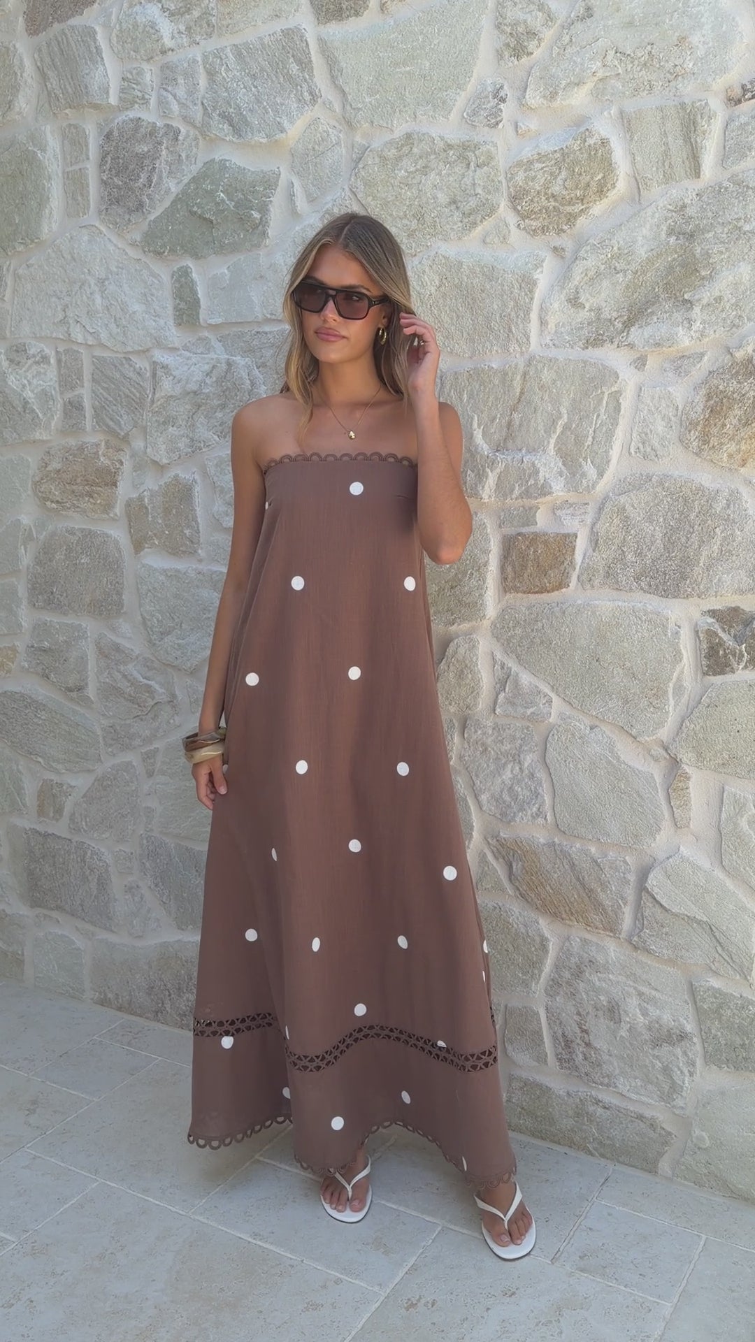 Load video: Sandra Maxi Dress - Chocolate/White Polka - Billy J