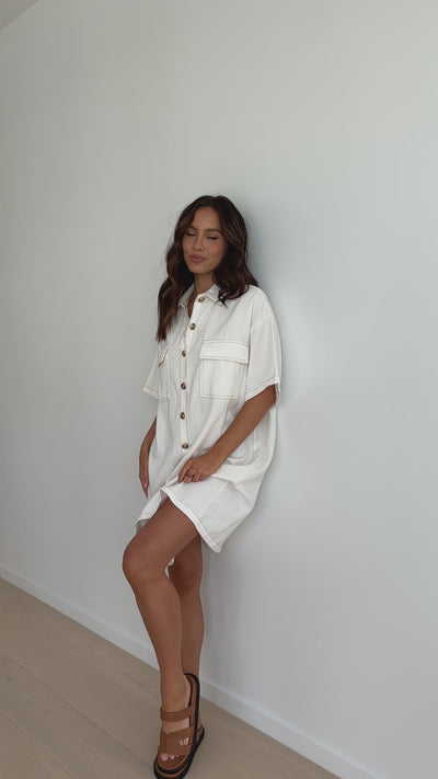 Load and play video in Gallery viewer, Laksha Mini Dress - White Denim
