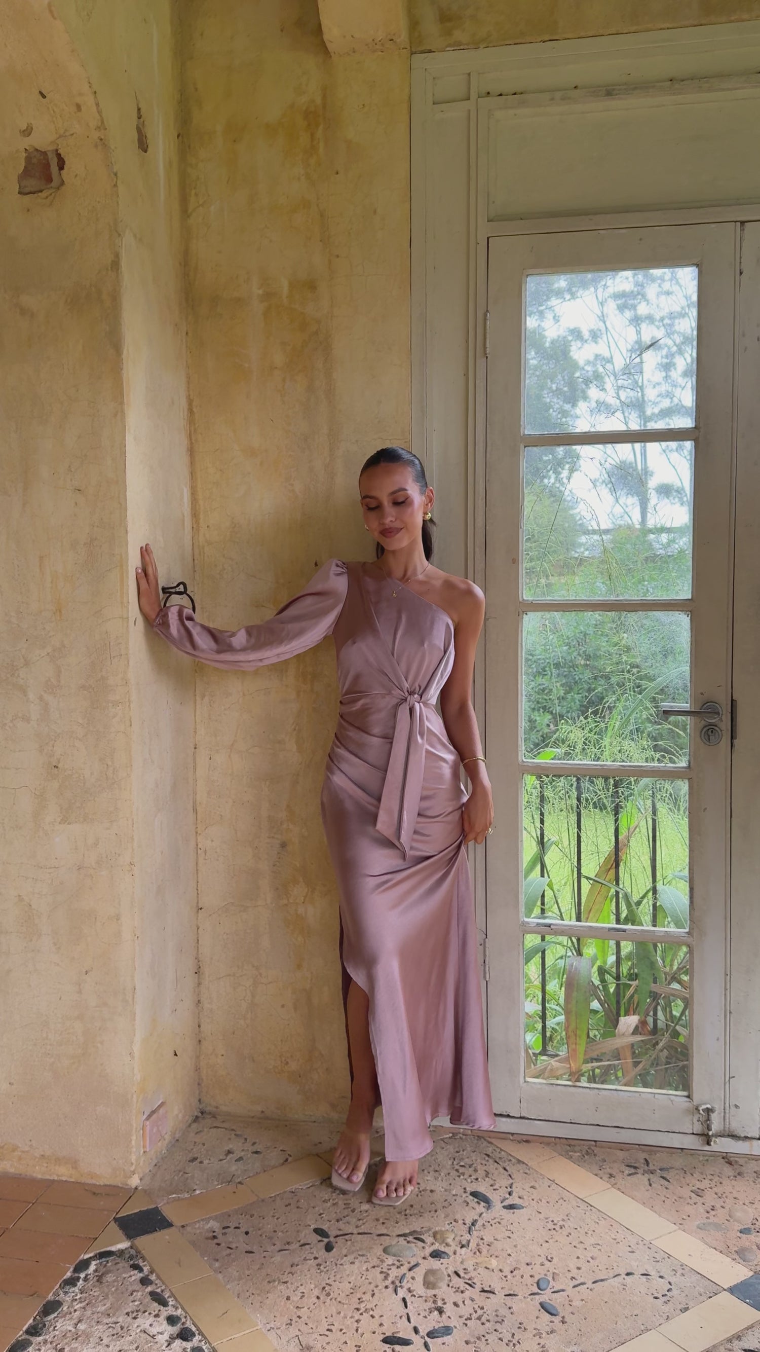 Eden One Shoulder Tie Front Maxi Dress - Dusty Pink - Billy J