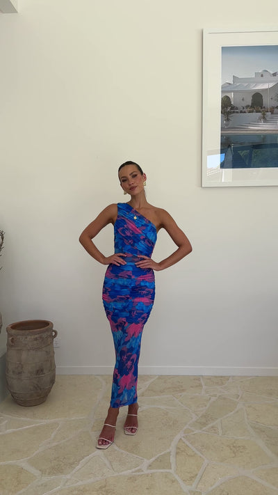 Load and play video in Gallery viewer, Callia Midi Dress - Blue / Pink Print
