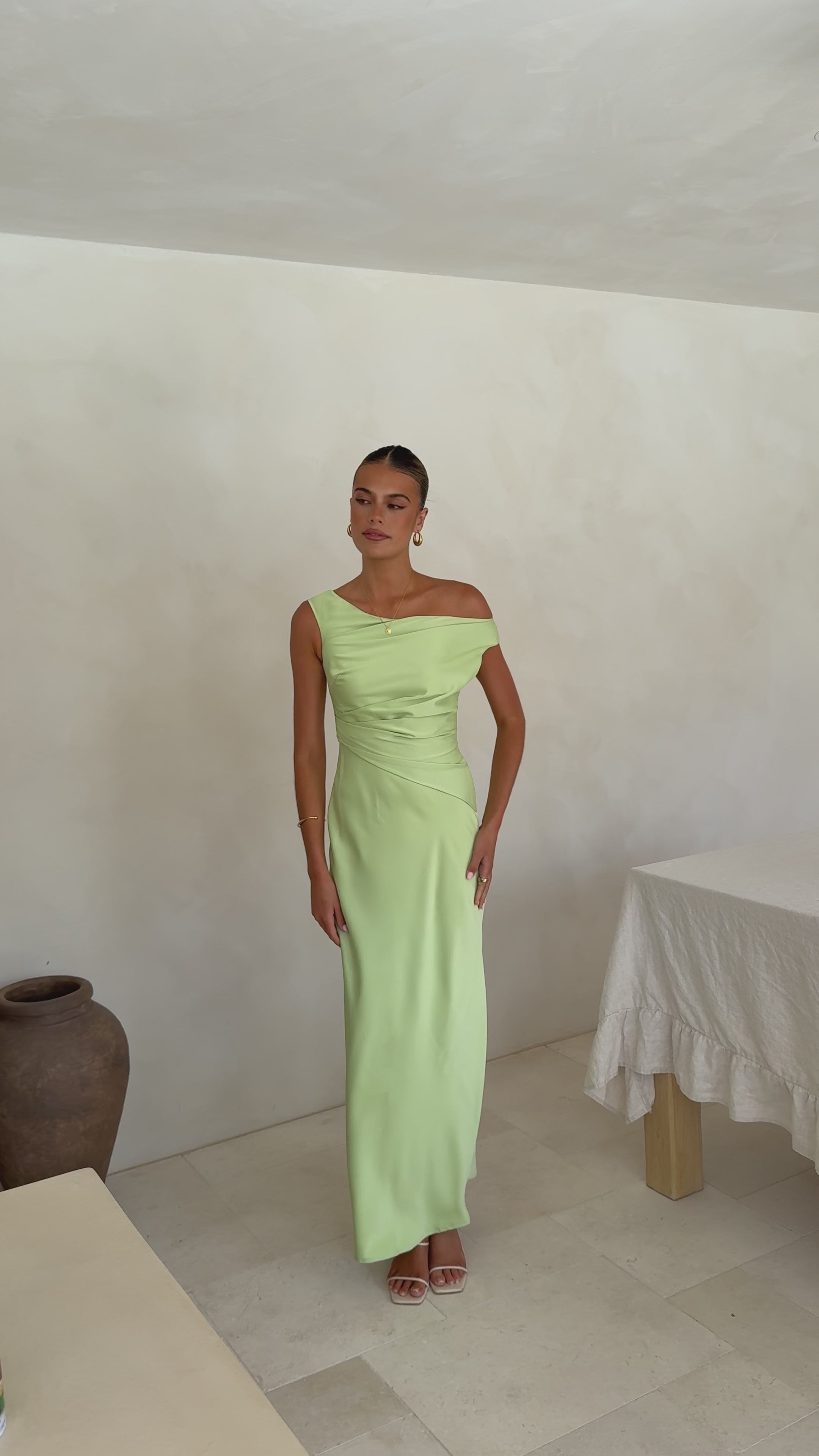 Load video: Auria Off Shoulder Maxi Dress - Key Lime - Billy J