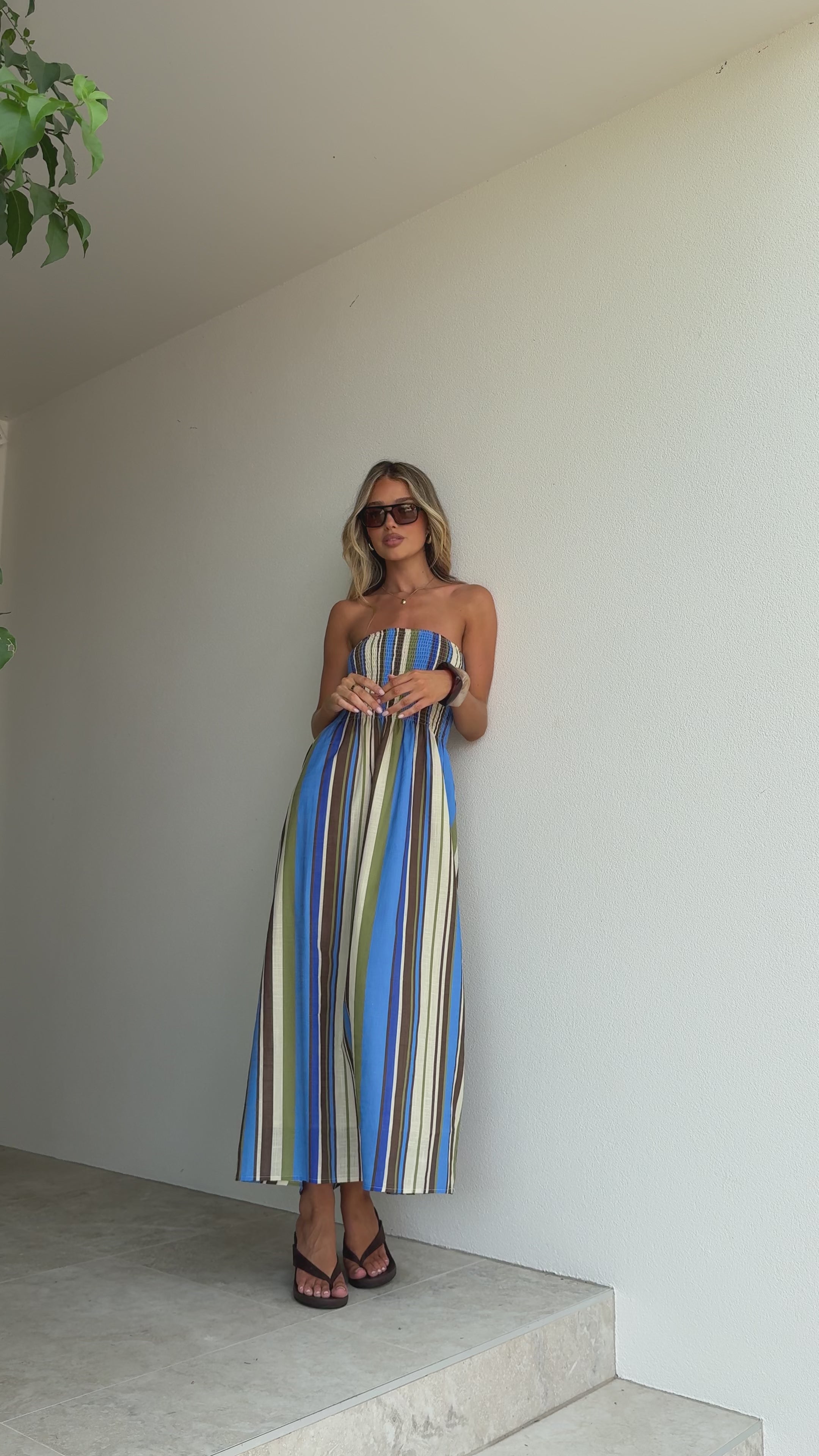 Load video: Tierra Strapless Maxi Dress - Blue/Khaki Stripe - Billy J