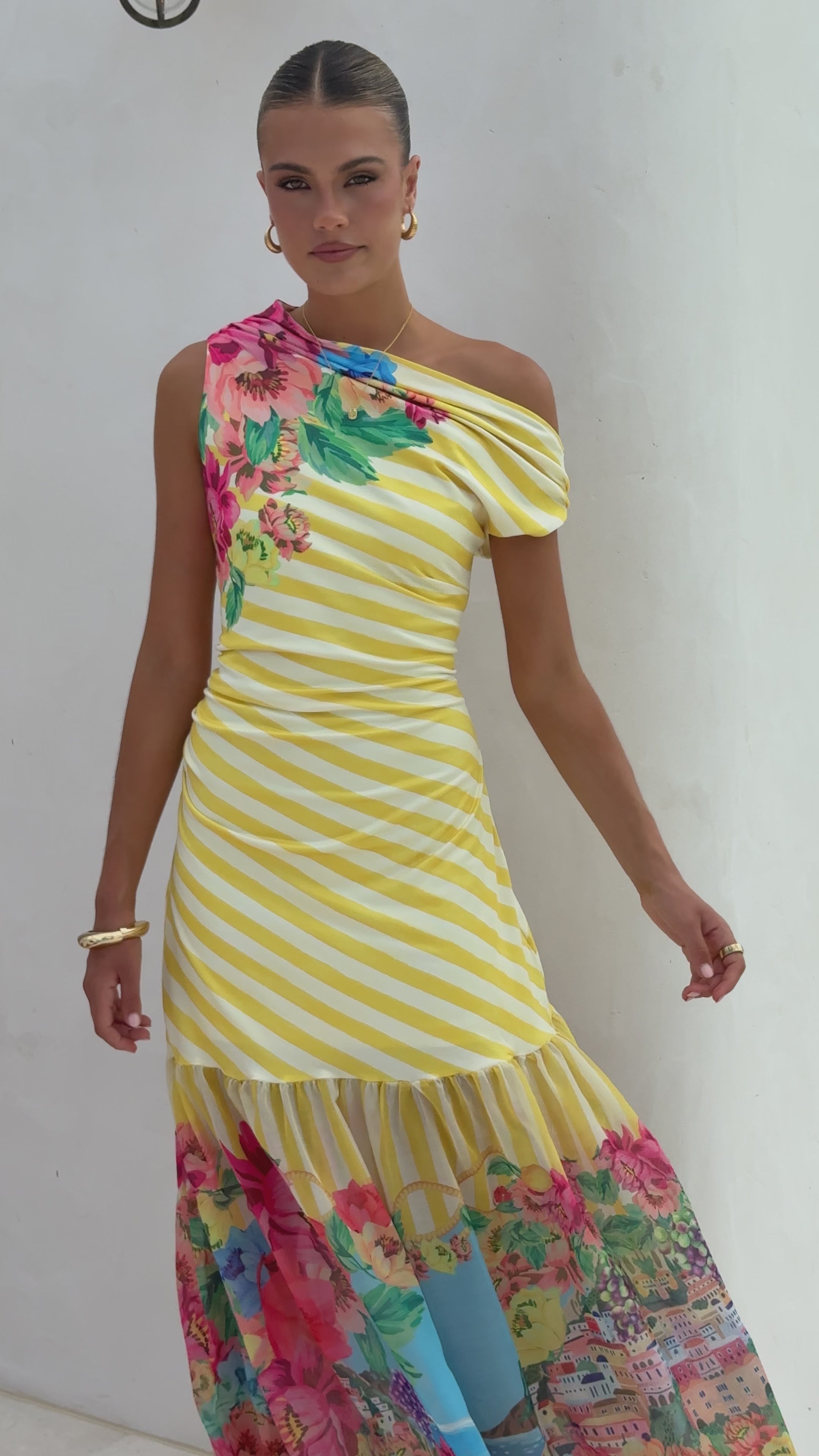 Load video: Vista Off Shoulder Maxi Dress - Positano Lemon - Billy J