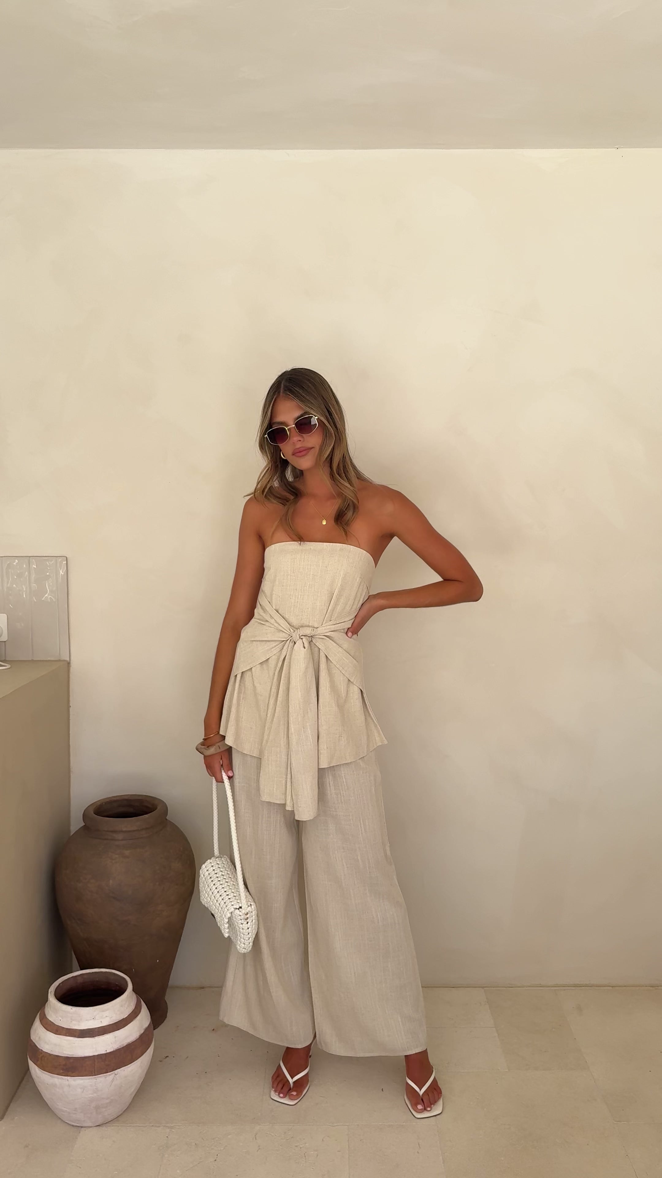 Load video: Talia Strapless Top and Pants Set - Oatmeal - Billy J